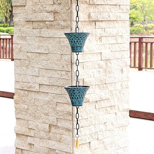 Miniatura 5 de Hanayard Cadenas de lluvia para canaletas, desviador de atrapador de lluvia de metal, color negro, tazas de lluvia para aleros de drenaje de 8.5 pies