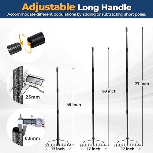 Miniatura 5 de Rastrillo de 49 pulgadas, herramienta de jardín extra ancha de 17 pulgadas con cabezal de doble cara, construcción de acero inoxidable ligero y