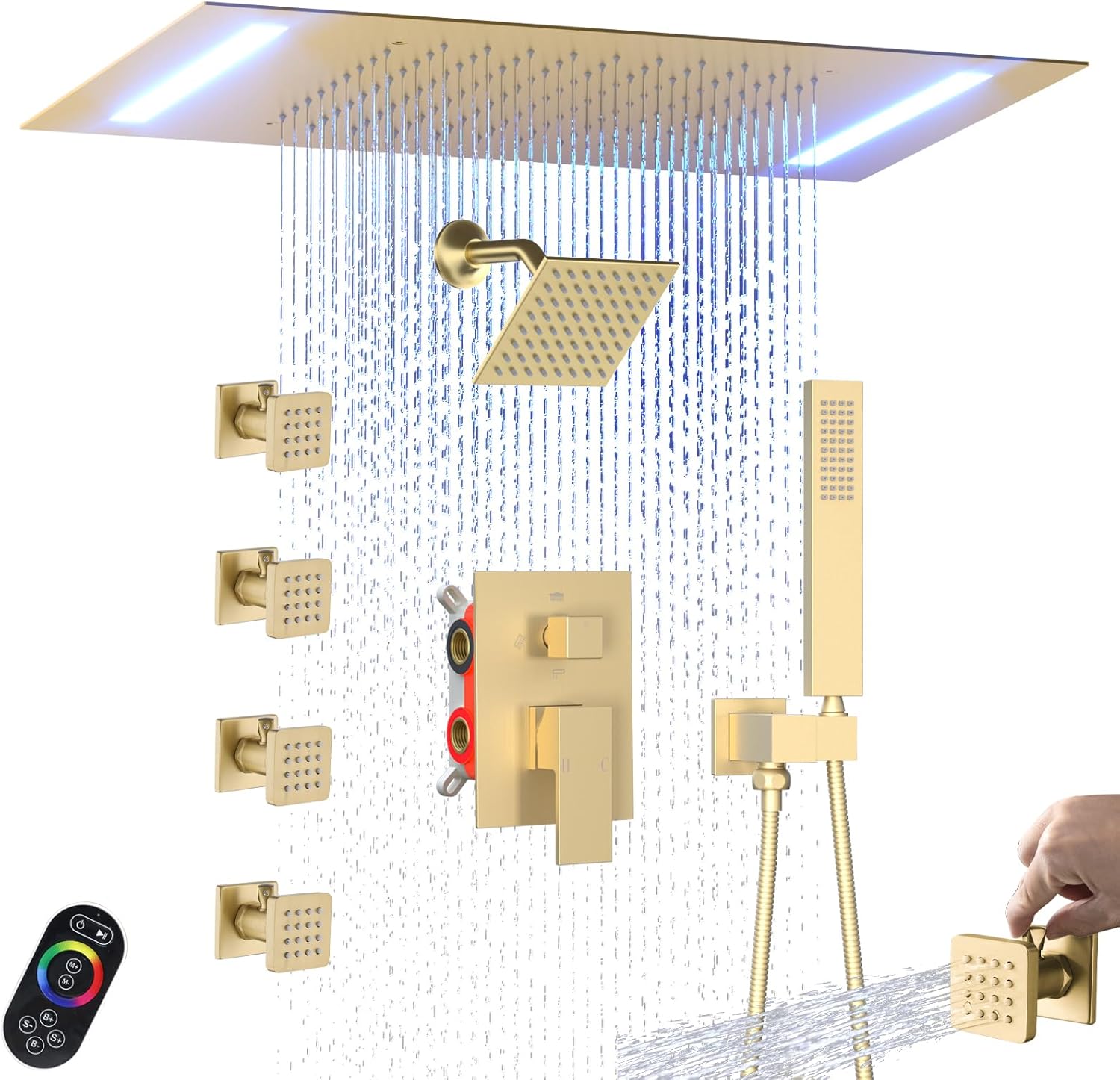 Enga Dual Rain Shower System Body Jets with On-Off Switch, Ceiling Mount 14 x 20 Inch LED Shower Head Rainfall Shower Faucet Set, Brushed Gold