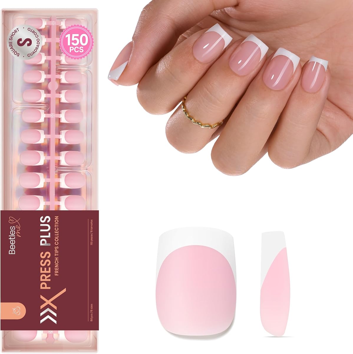 Beetles French Tips Press On Nails - Cuadrado corto 150 piezas | Puntas de uñas postizas rosas de 15 tamaños, valor de calidad de salón en casa, uñas postizas acrílicas, regalos de bricolaje para mujeres