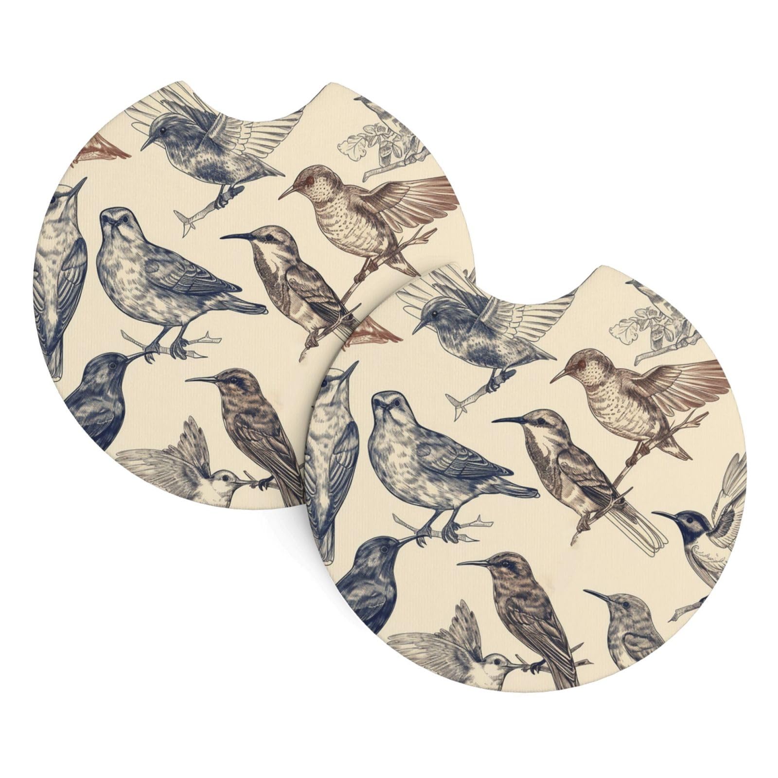 2 Pack Car Coaster for Cup Holders Handdrawn Birds Car Cup Coaster 2.7" Neoprene Non-Slip Automotive Cup Mat Universal Auto Car Interior Accessories for Women Men Cup Pad
