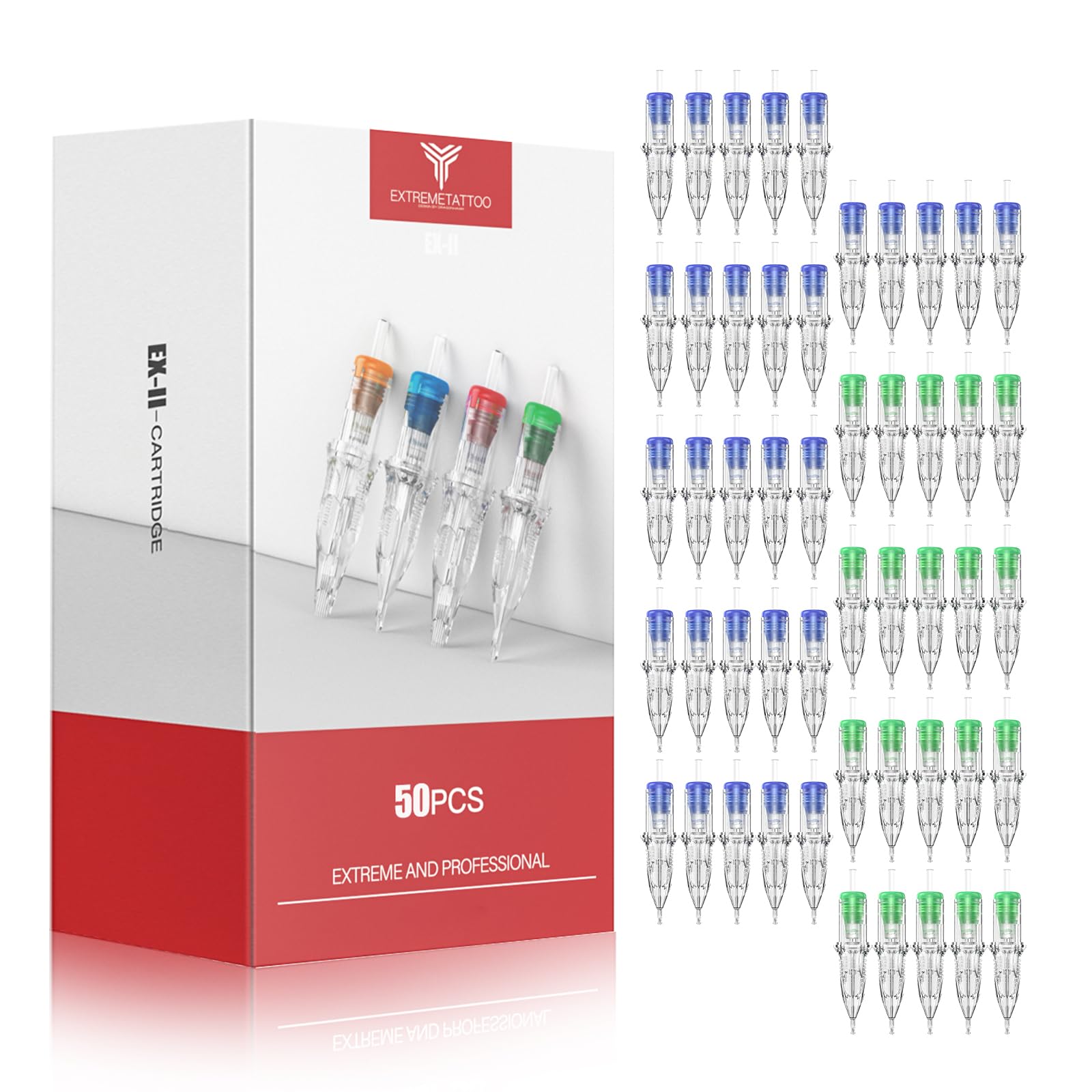 Dragonhawk Extreme Tattoo 50Pcs Cartridges Needles Mixed Sizes 1003RL 1005RL 1007RL 1205RS 1207RS EX-3 (#10RL+12RS-50PCS)