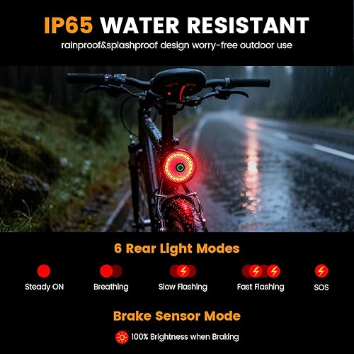 Miniatura 4 de Luz de bicicleta para conducción nocturna, juego de faros delanteros y luces traseras de bicicleta de 2000 lm con detección de freno, 4500 mAh USB
