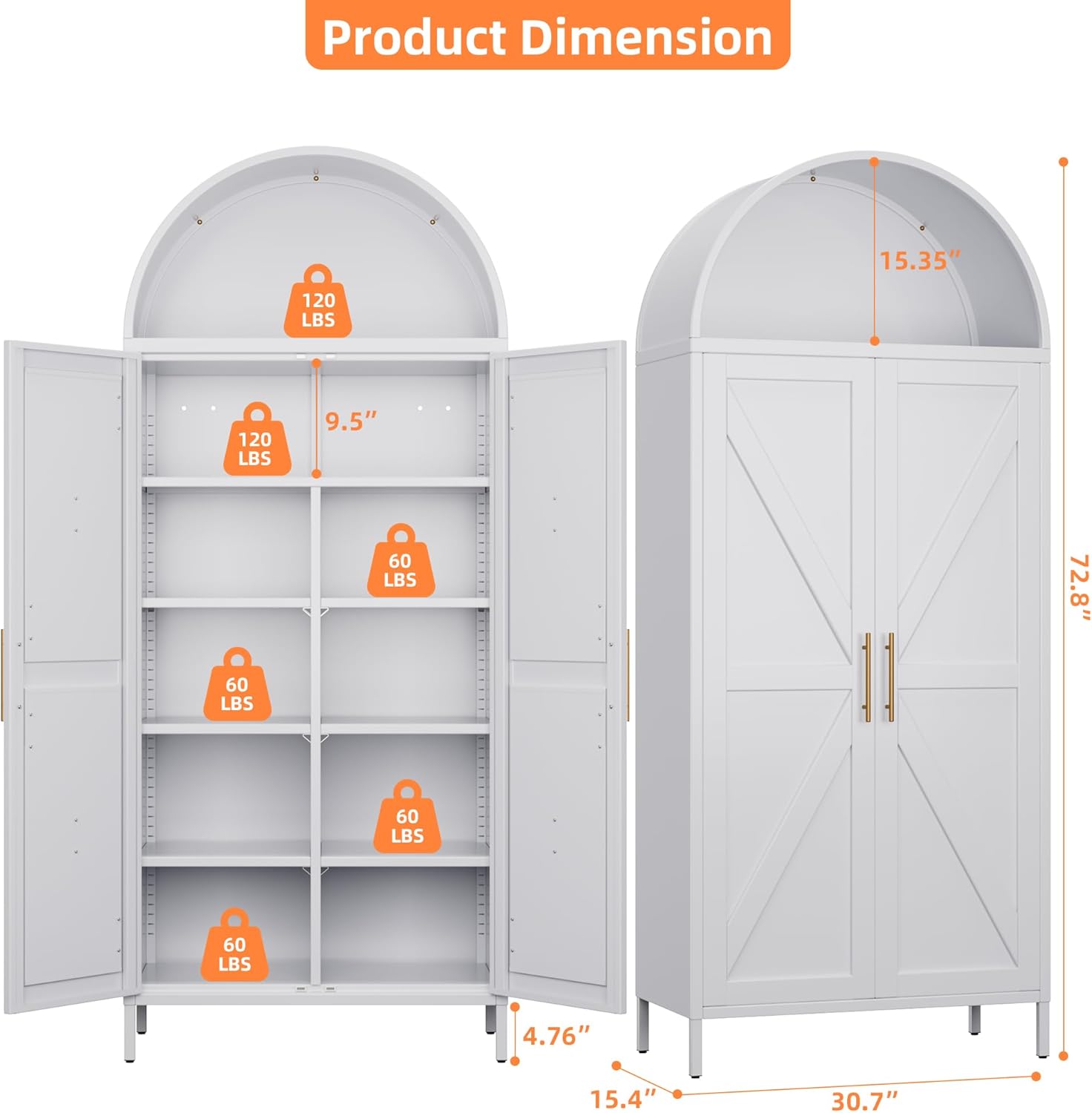 Metal Arched Pantry Cabinet with 6 Adjustable Shelves,White Tall Arched Cabinet with 2 Doors for Kitchen,Dining Room,Laundry, Required Assembly,72.8" H x 30.7" W x 15.4" D.
