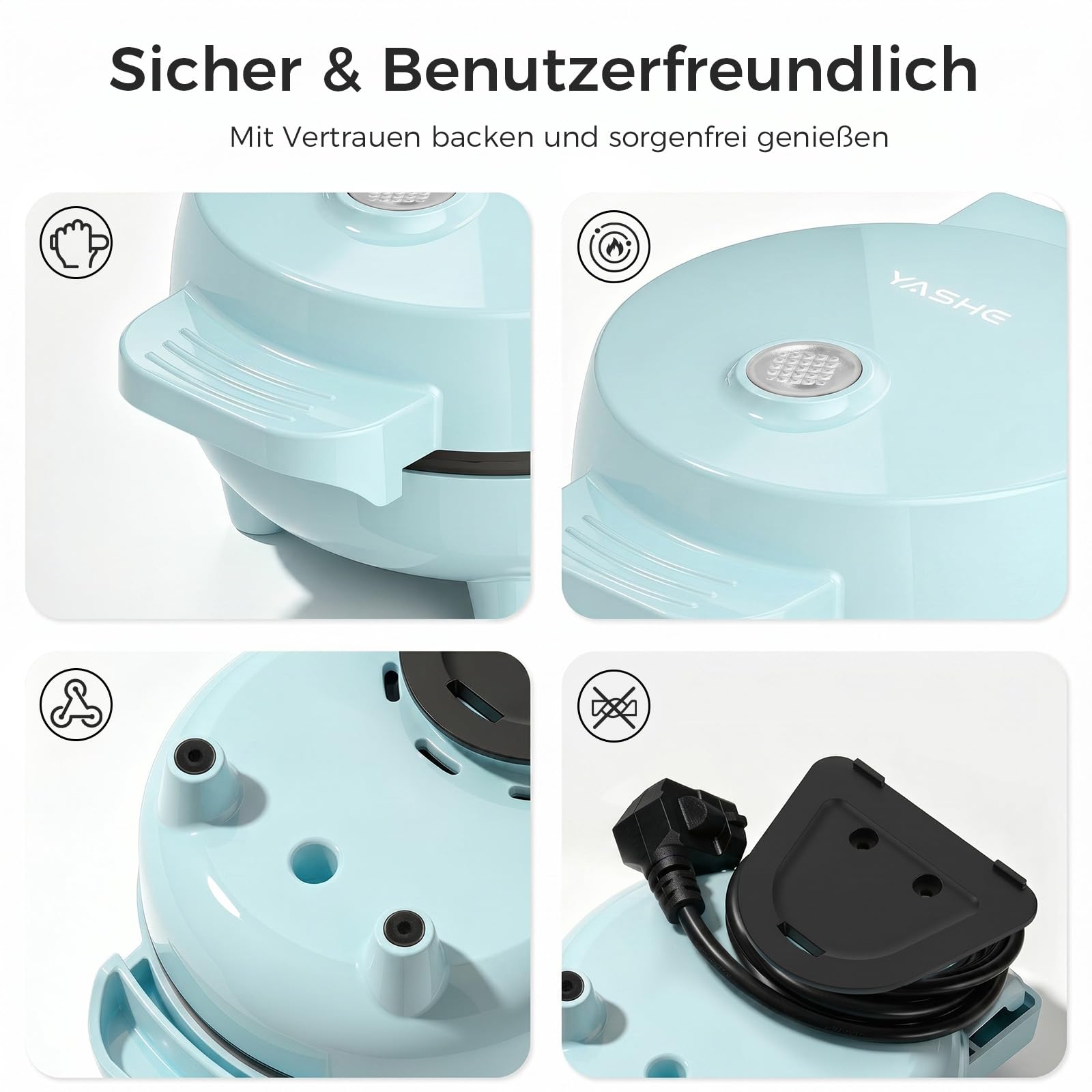 YASHE Mini Waffeleisen, 550W Mini Waffelmaschine mit Antihaftbeschichtung, Kontrollleuchte, Cool-Touch-Griff, Kompaktes Waffeleisen für Frühstück, Desserts & Snacks, Blau