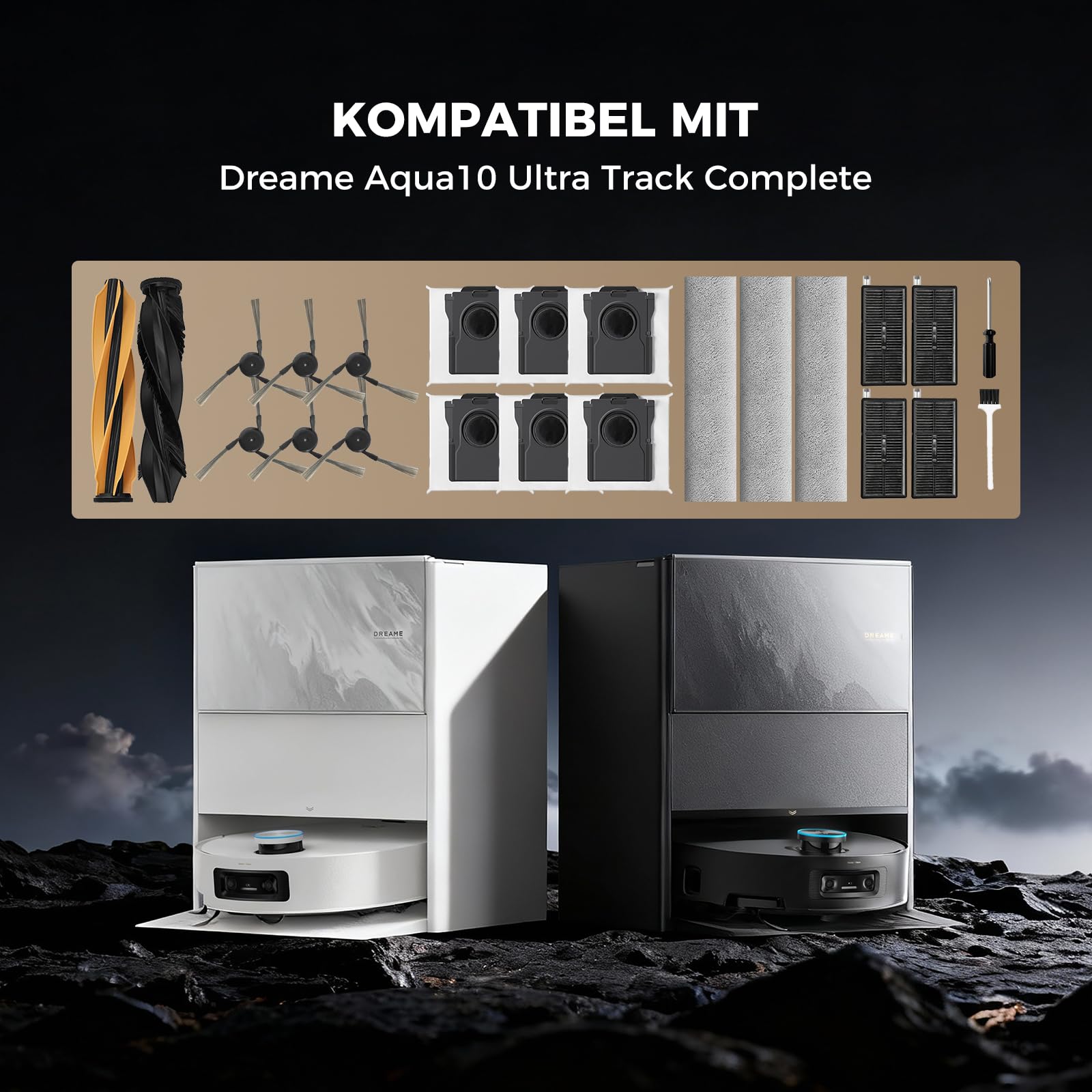 23 Stück Aqua10 Zubehör für Dreame Aqua10 Ultra Track Complete Saugroboter Ersatzteile:2 Hauptbürste,3 Track-Wischtüch,4 HEPA-Filter,6 Seitenbürsten,6 Staubbeutel,1Reinigungsbürste,1 Schraubendreher