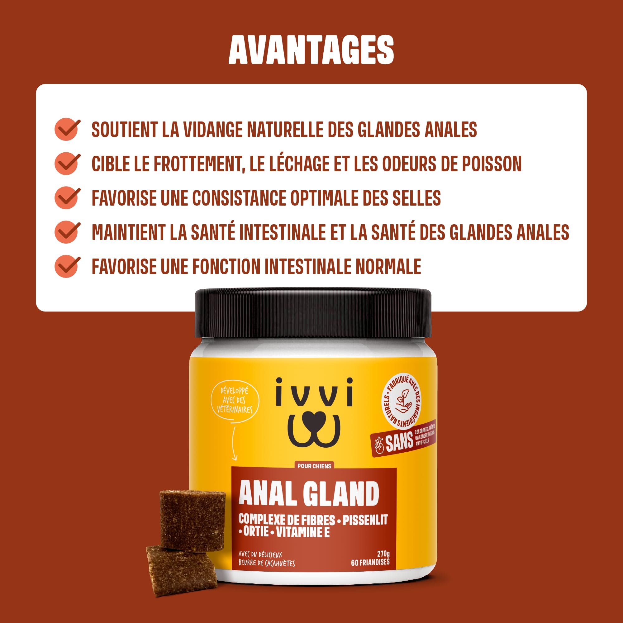 ivvi Anal Gland - 60 Snacks pour la Santé des Glandes Anales des Chiens | Contient Citrouille, Psyllium, Lin, Pissenlit, Ortie et Prébiotiques, à Base de Beurre de Cacahuète 270 g