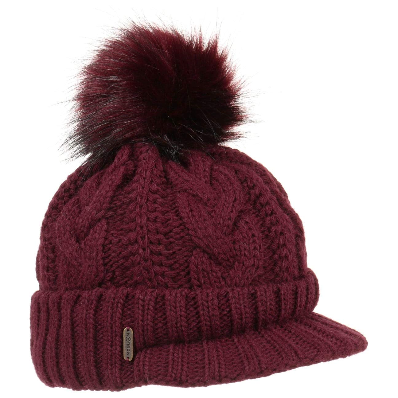 McBURN Britta Cable Knit Beanie Women - Made in Italy Winter Pompom hat with Peak, Lining, Lining Autumn-Winter - One Size Bordeaux