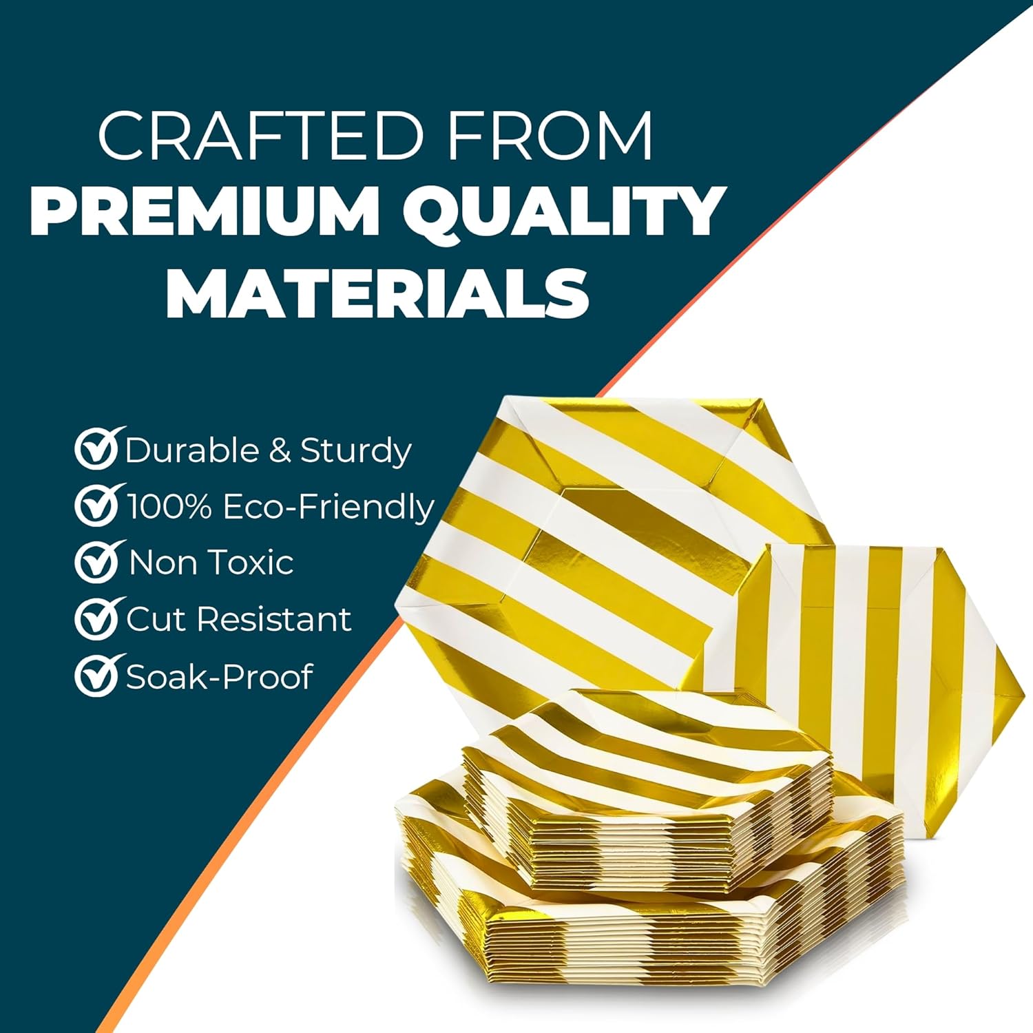 Unique Hexagonal Gold Stripe Paper Plates Set - 10.25" & 7.5” (Pack of 36) - Hot Stamped Design - Perfect for Parties, Weddings, and Everyday Use - Image 5