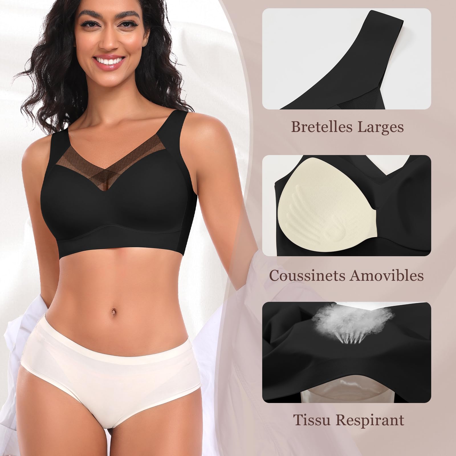 Ganado Soutien Gorge sans Armature Dentelle Push up Sport Bralette Femme Col en V Brassière sans Coutures Brassiere Comfit