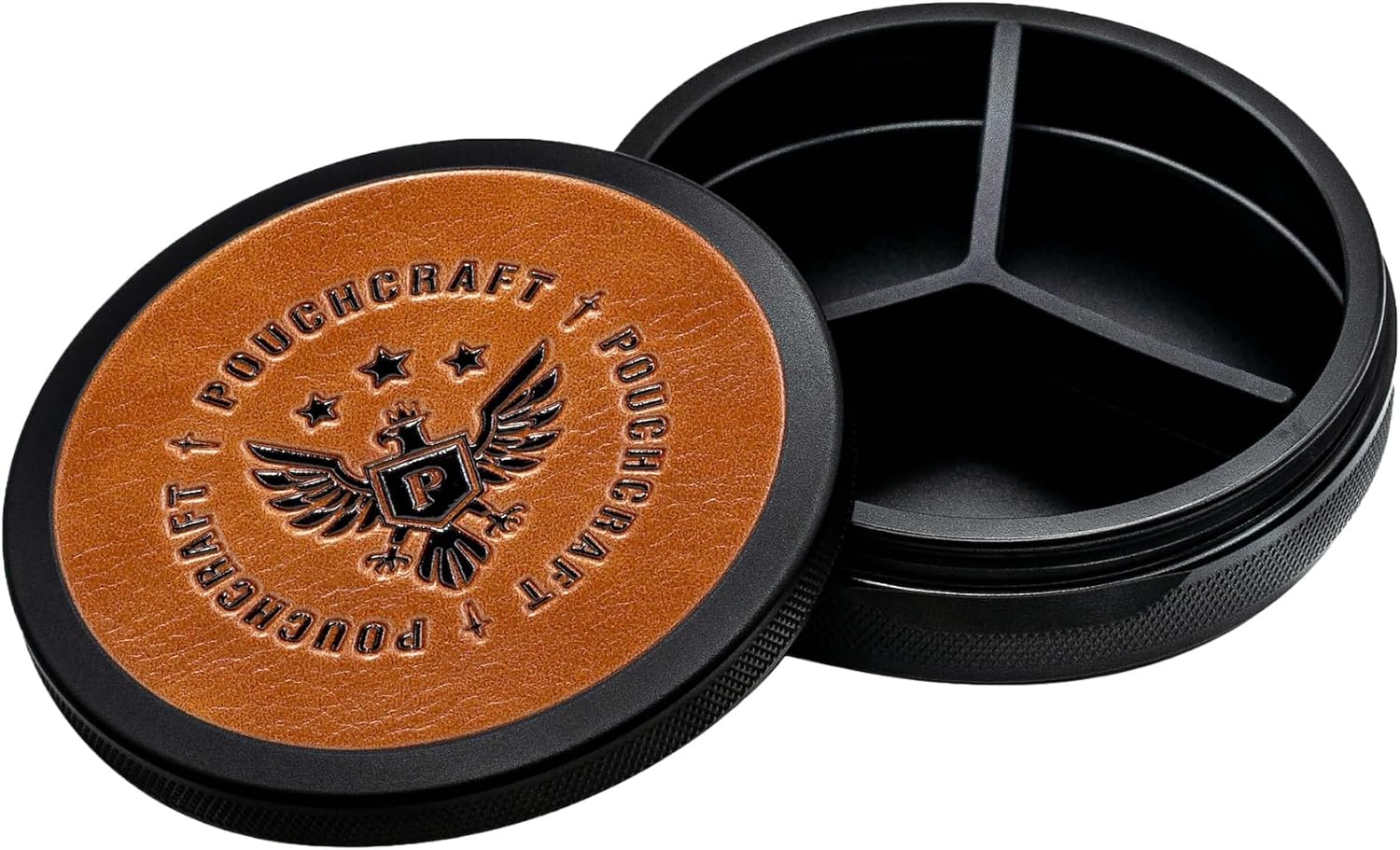 Leather-Faced Metal Pouch Can | Aluminum Container for Pouches with Removable Silicone Divider | Airtight O-Ring Moisture Odor Proof EDC Pocket Tin | Insignia Edition (Black)