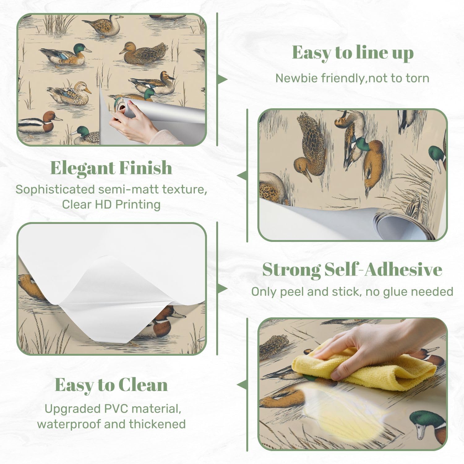 Peel and Stick Wallpaper 17.7"x118.1" Mallard Duck Wallpaper Vintage Duck Colorful Mallards Natural Habitat Wall Decor Contact Paper Removable Wall Paper for Bedroom Desk Drawers Kitchen