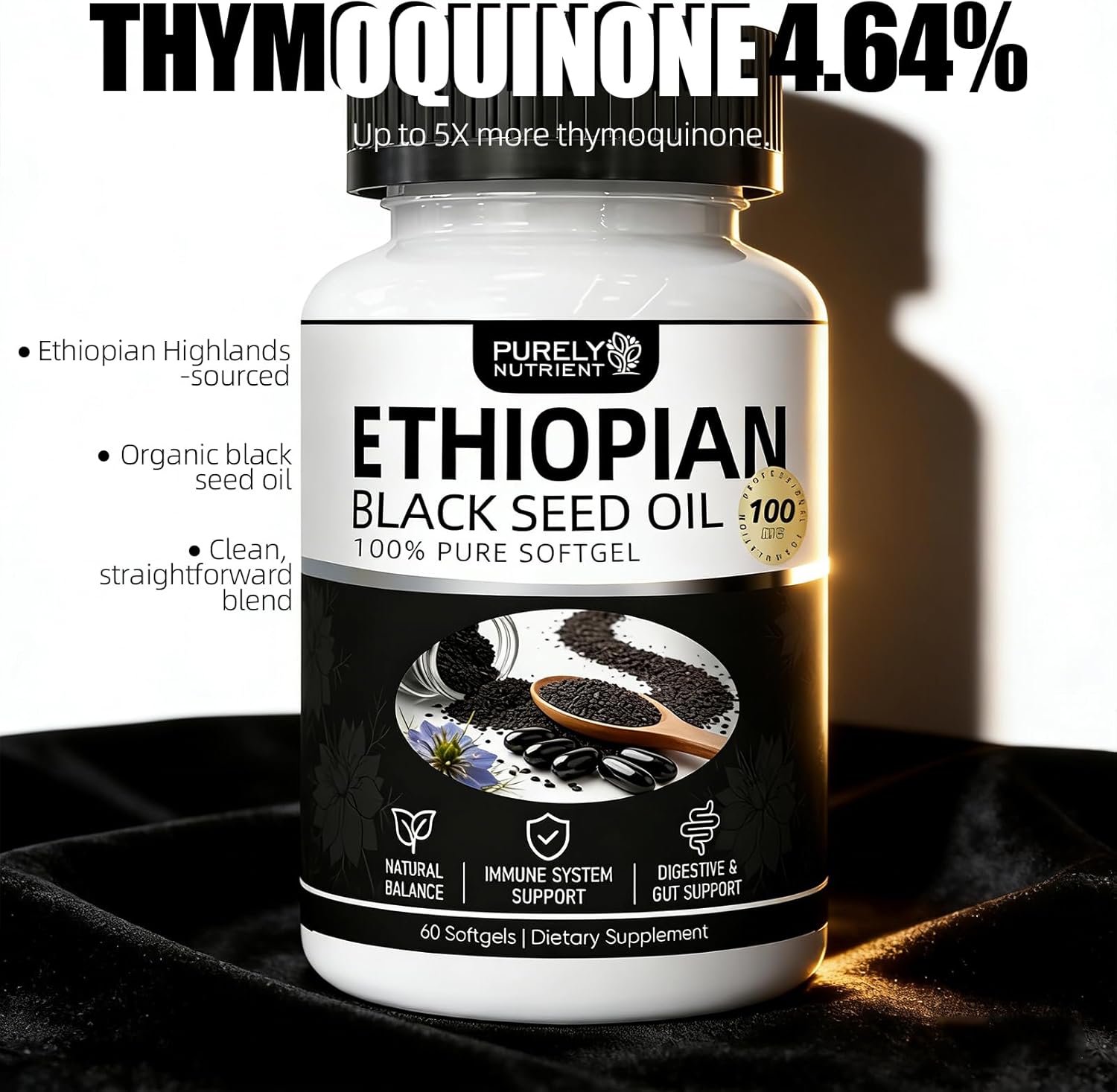 Purely Nutrient Ethiopian Black Seed Oil, Ethiopian Black Seed Oil Softgels |4.64% Thymoquinone | Non-GMO, Gluten-Free,60 Capsules-1PCS