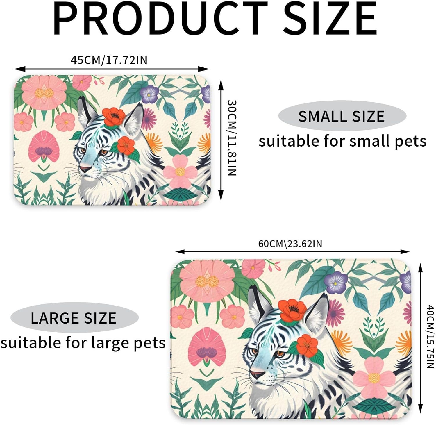 30x45cm Cute White Tiger Print Pet Absorbent Feeding Mat - Quick Dry Food Pad/Leather Placemat, for Dog Cat Food Bowl Water