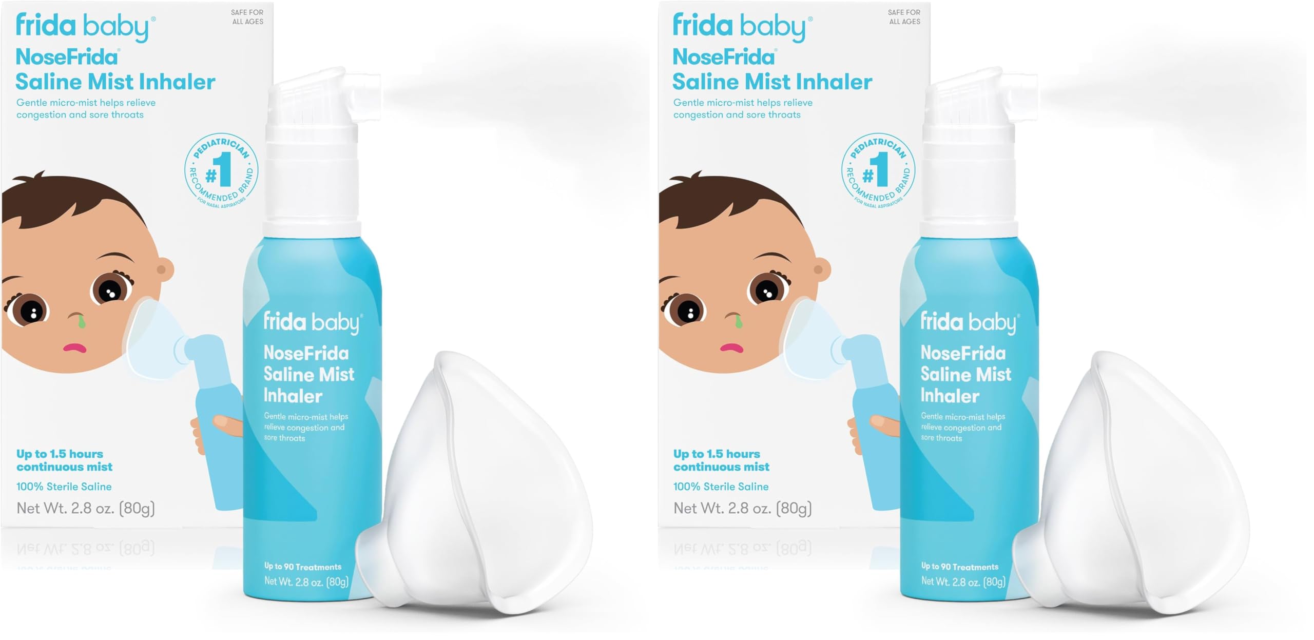 Frida Baby NoseFrida Saline Mist Nasal Inhaler, Decongestant Spray for Congestion &amp; Allergy Relief for Babies + Kids, Nasal Saline Spray, Soothes Stuffy Nose &amp; Sore Throat, Includes Mask (Pack of 2)