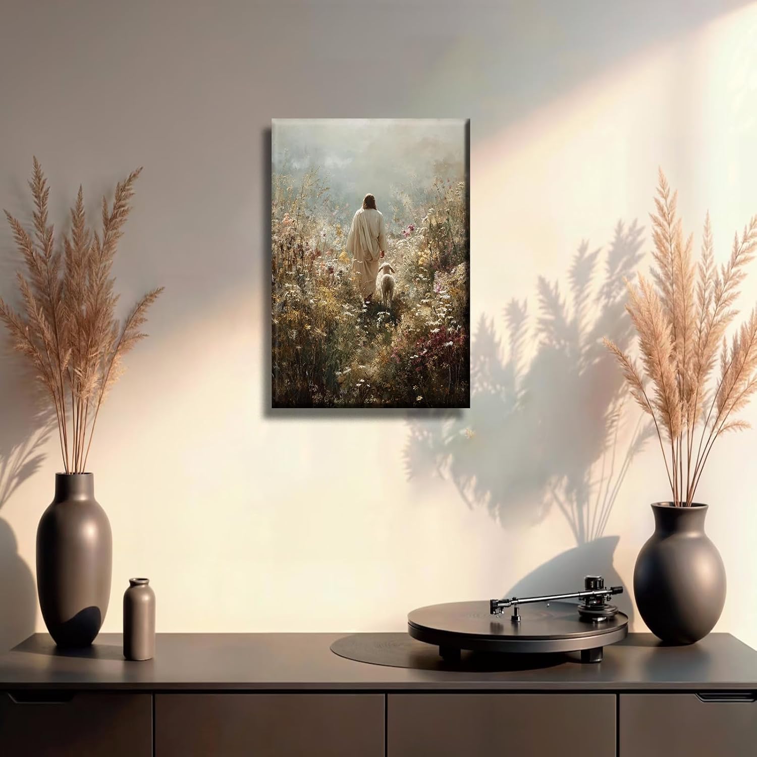 Frswuset Jesus Lamb Paintings Canvas Wall Art Vintage Leaves the 99 Sheep Jesus Prints Christ The Good Shepherd Pictures Art for Gallery Church Home Decoration16x24in