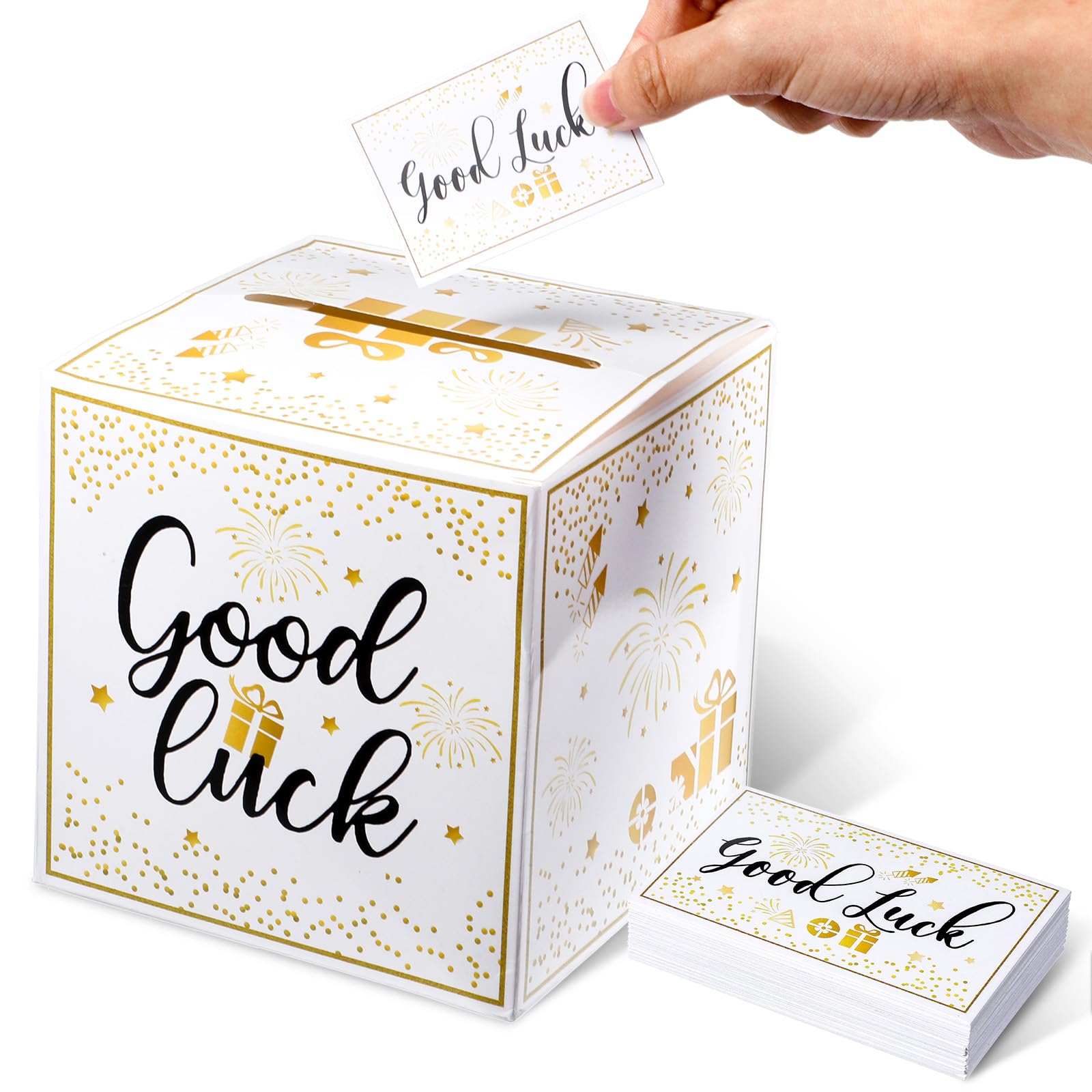 DOPENSPI Raffle Box with 100pcs Raffle Ticket Cards, Gold Lottery Box with Slot Enter to Win Cards Ballot Boxes Donation Boxes for Party Wedding Birthday Carnivals Graduation