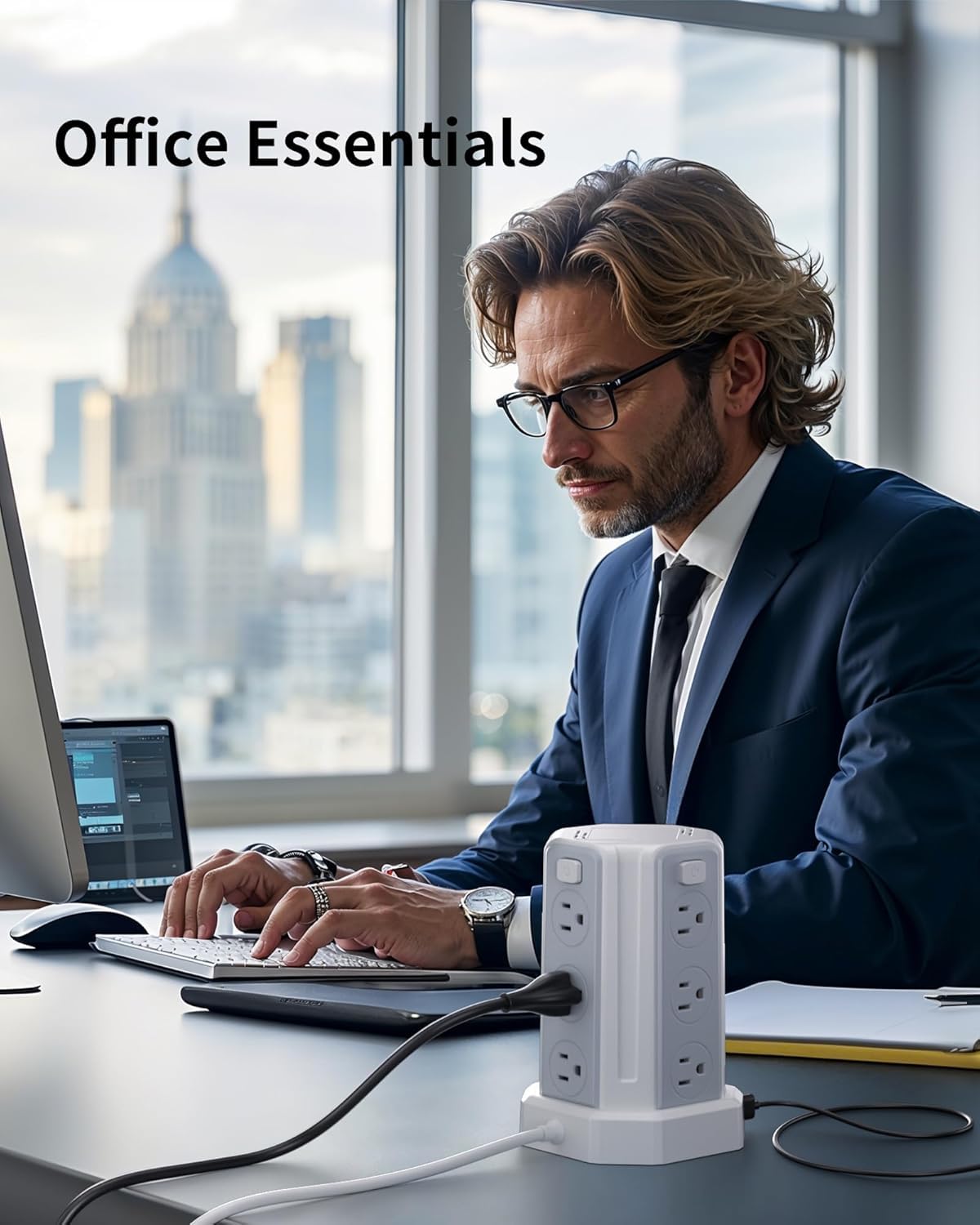 Regleta de protección contra sobrecargas, 12 salidas de CA, 3 puertos USB&1USBC, regleta con USB, cable de extensión de 9.8 pies, regleta de alimentación, protección contra sobrecargas de torre,