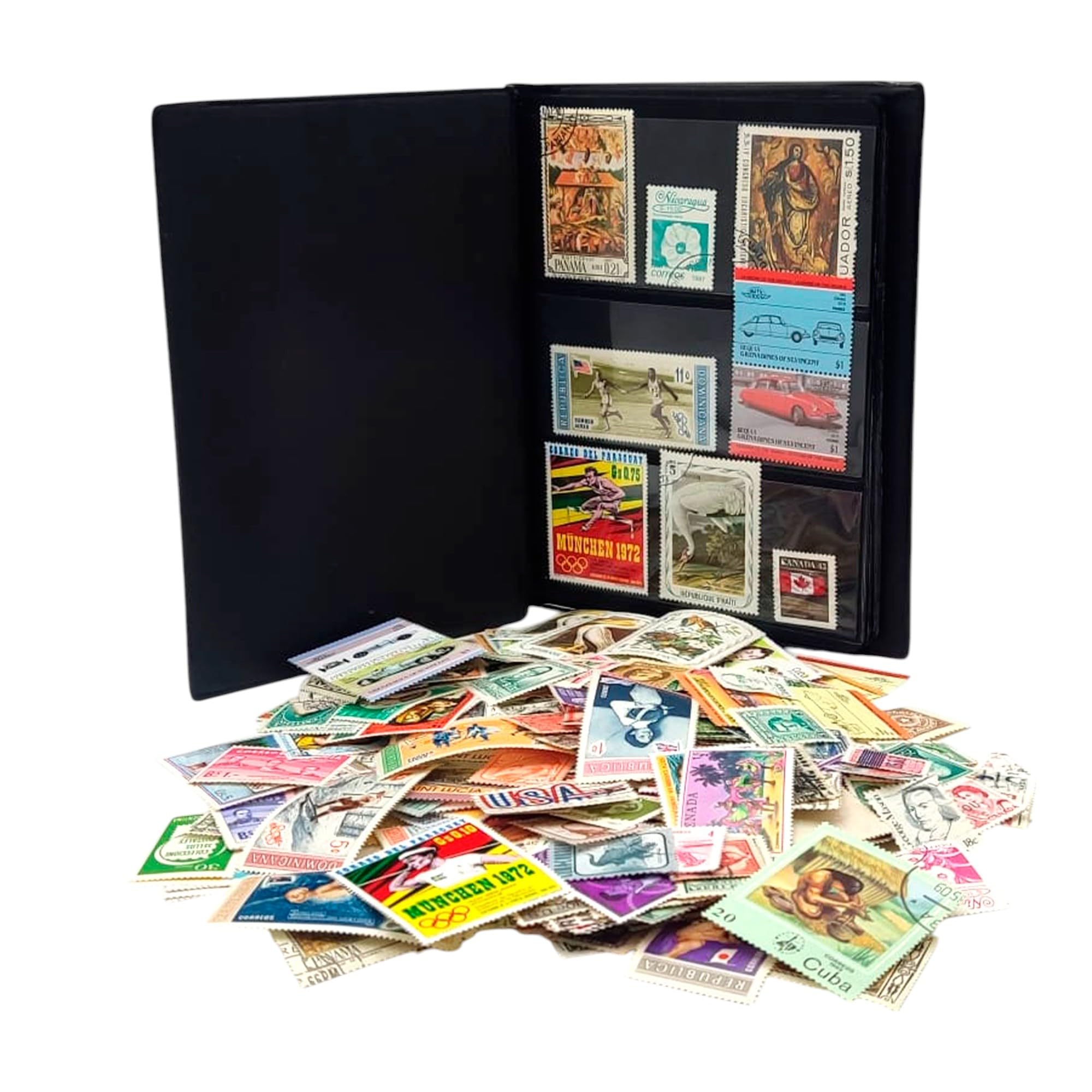IMPACTO COLECCIONABLES - 500 American Stamps Collection with Included Album (5.5 x 7 x 0.4 in), Black, 14 x 18 x 1 cm