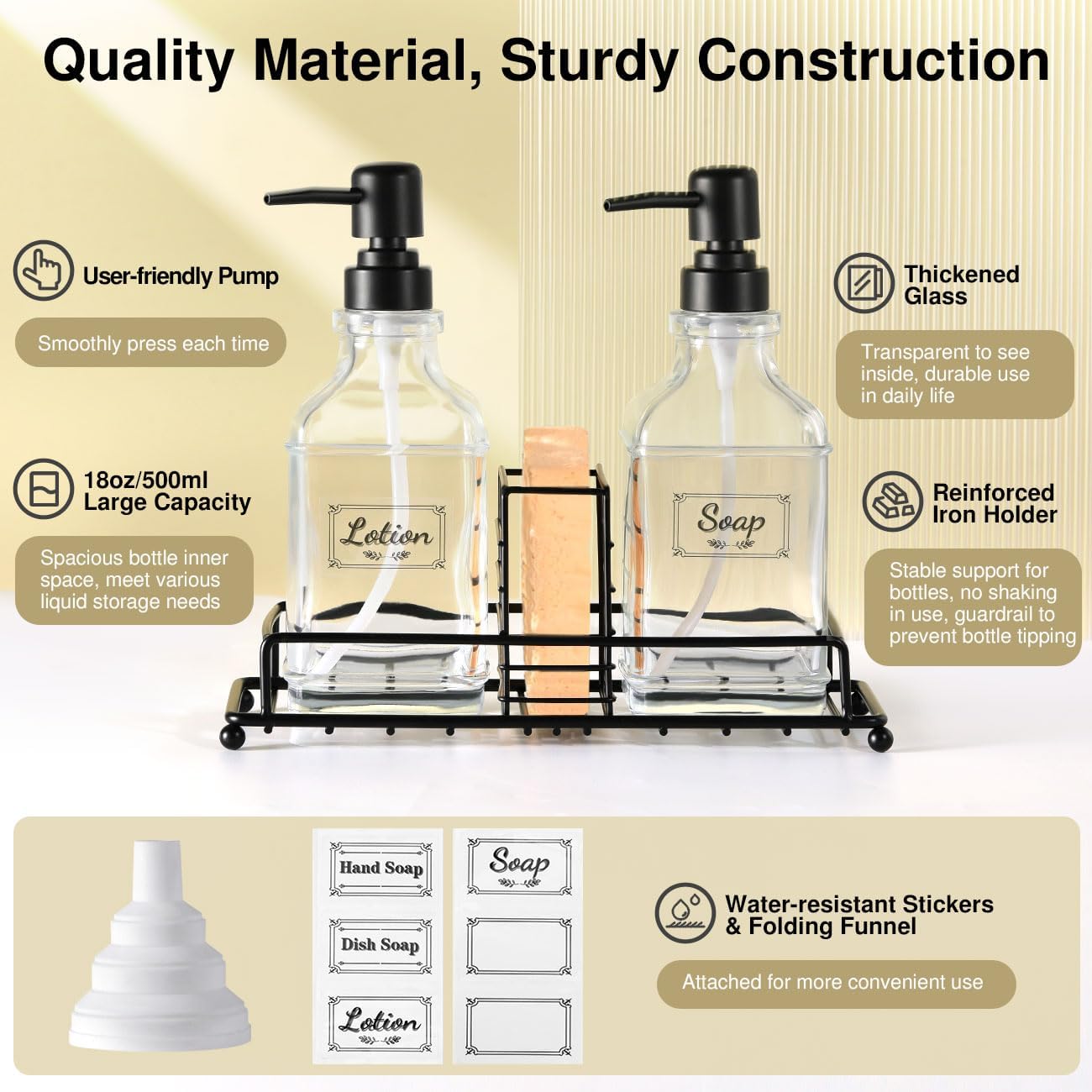 Shinowa Kitchen Soap Dispenser Set, Hand and Dish Soap Dispenser with Tray, 2-Pack Thick Glass Dish Dispenser for Kitchen & Bathroom, Soap and Lotion Dispenser Set Kit with Pump - Image 3