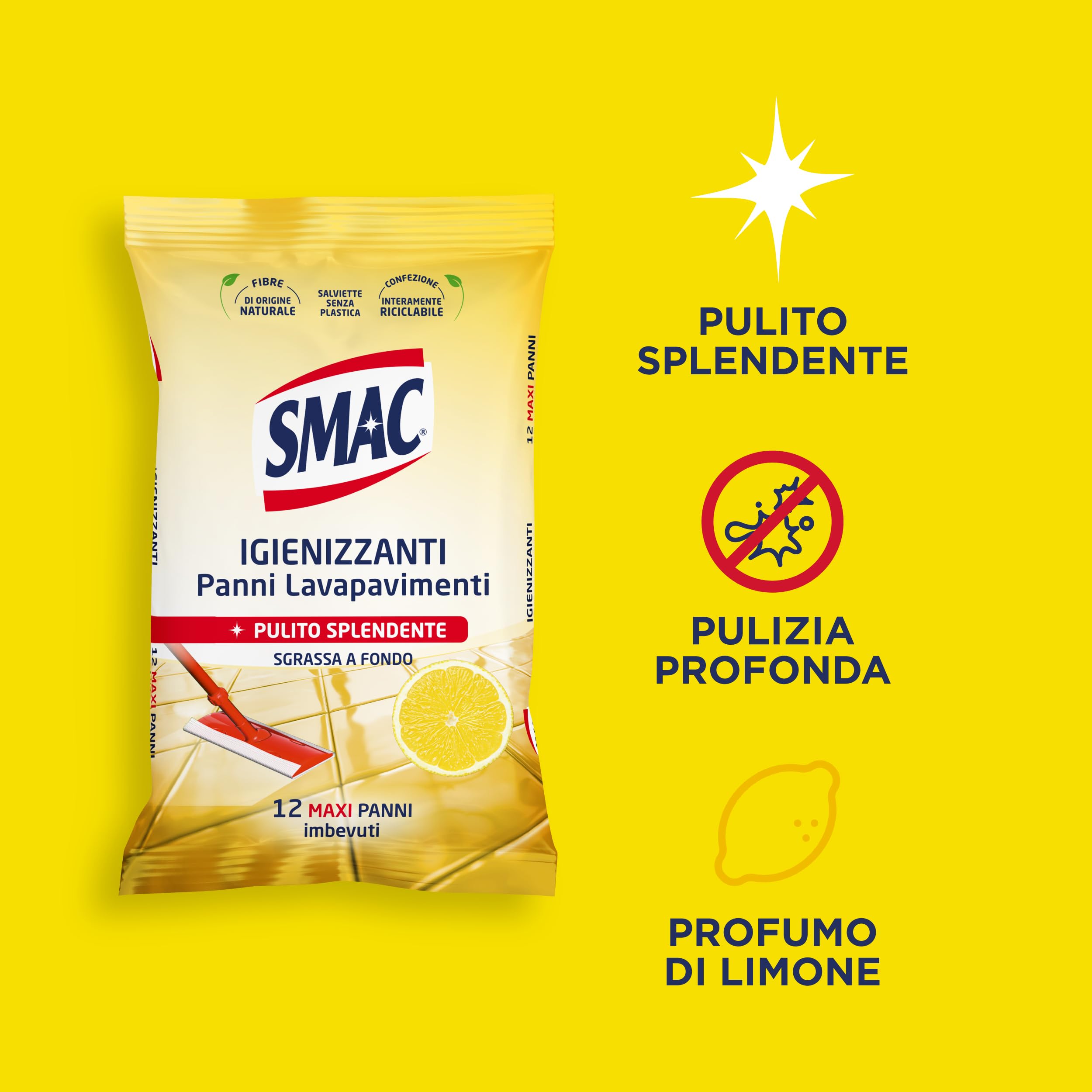 Smac - Panni Umidi Detergenti Lavapavimenti Adatti a Ogni Scopa, 36 Panni, Pulizia senza Risciacquo, Zero Aloni, Profumo di Limone, 12 Panni x 3 Confezioni