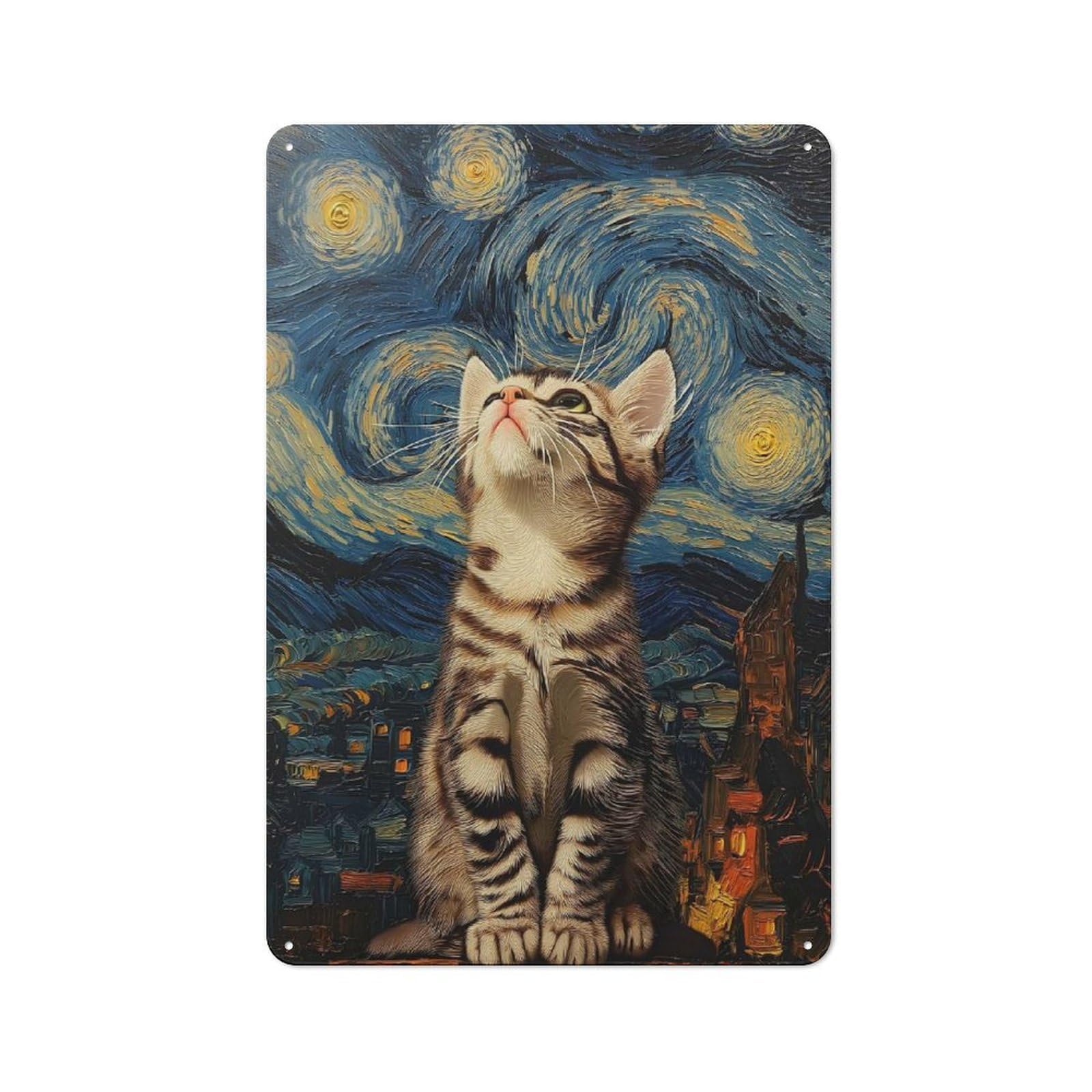 Cat Gazing at Starry Night Vintage Metal Wall Decor 30x20cm, Tin Sign for Cafe, Pub, Workshop Or Home Bar, Small Accent for Blank Walls