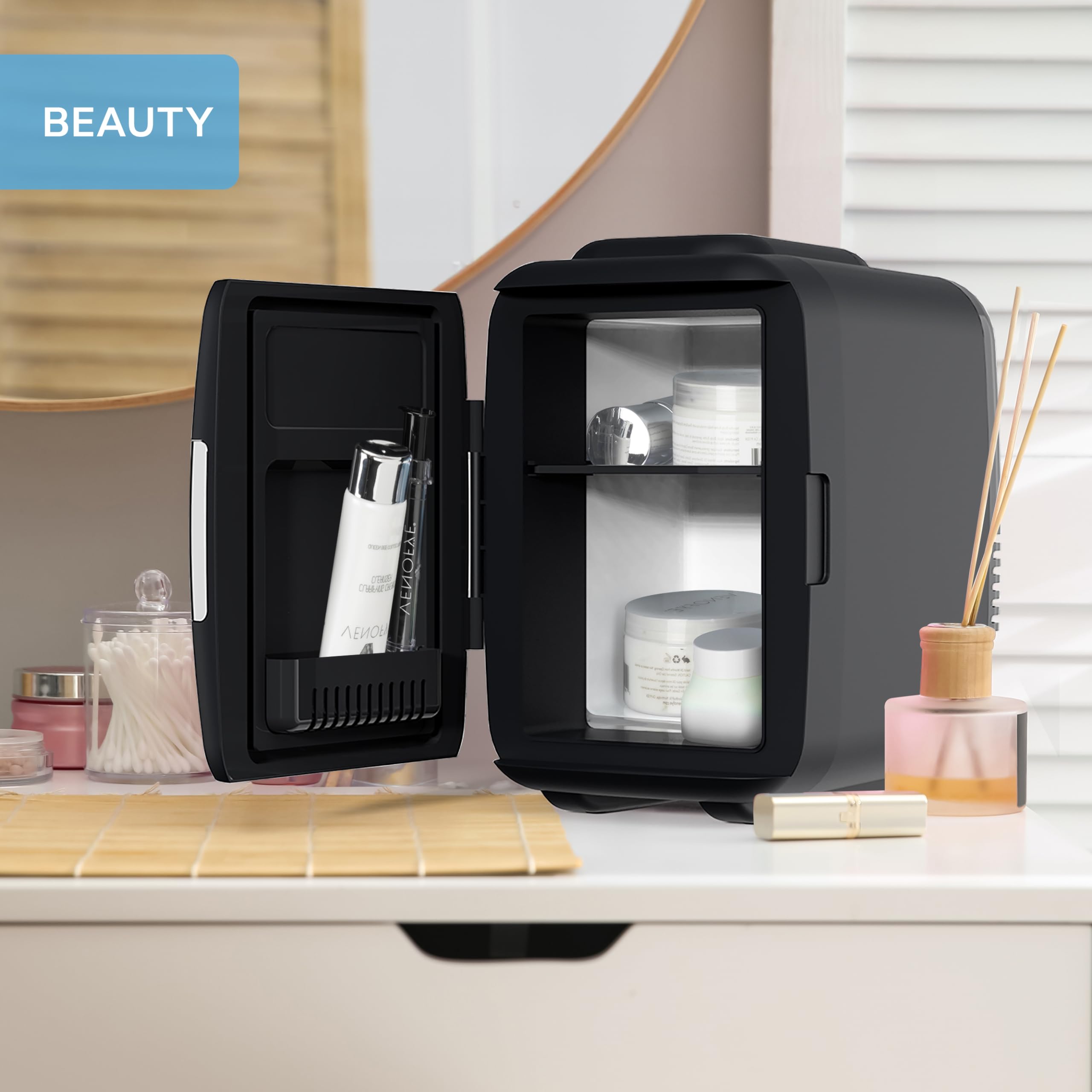 Body Escape Mini Beauty Fridge for Skincare - Birthday Gifts for Her - Retro, Portable, Compact and Quiet Small Fridge for Makeup - 5L - Black Mono