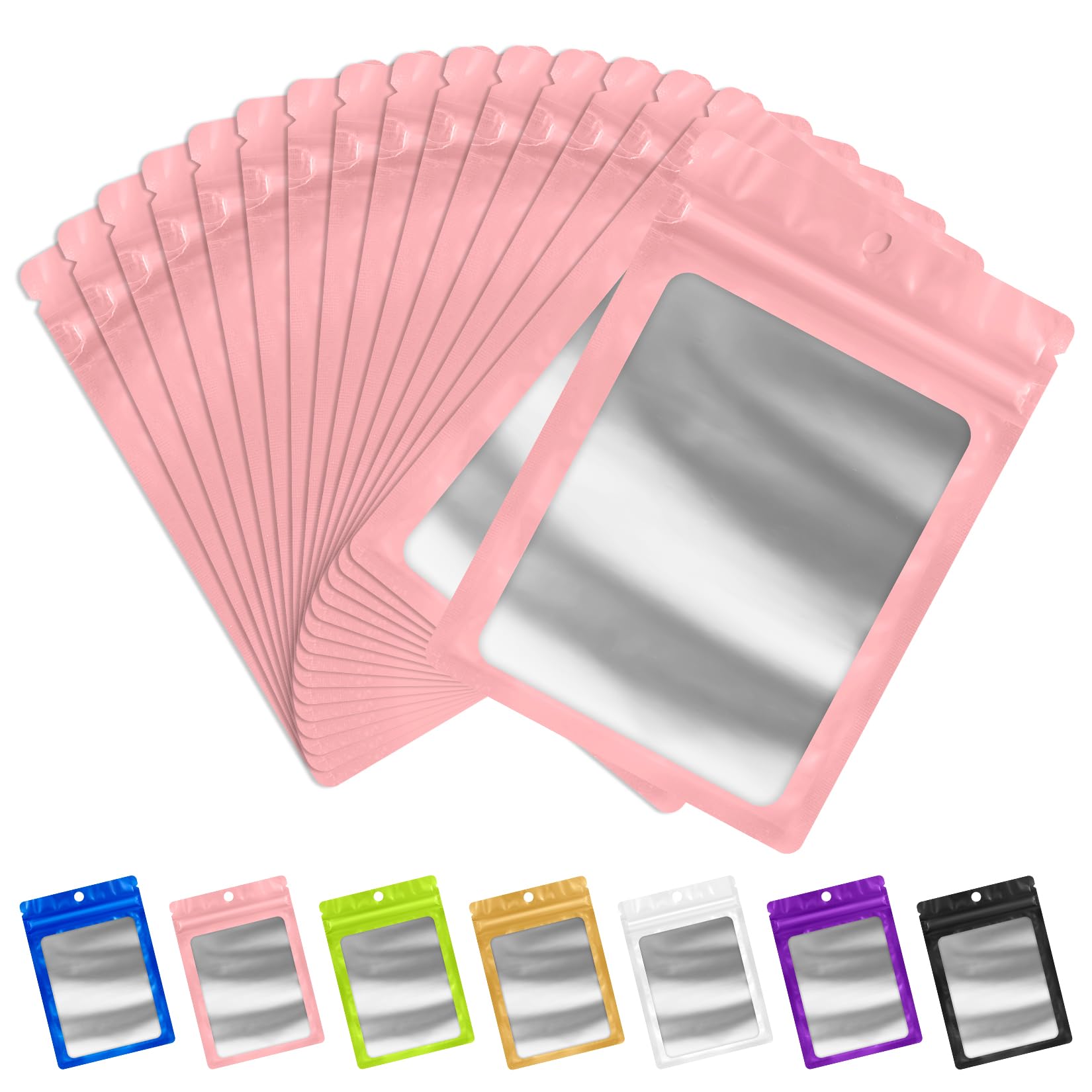 FUNFERY 100 Pack Mylar Resealable Bags Foil Packaging Bags with Clear Window,Zipper Pouch Smell Proof Bag for Food Storage,Cookies,Sample,Small