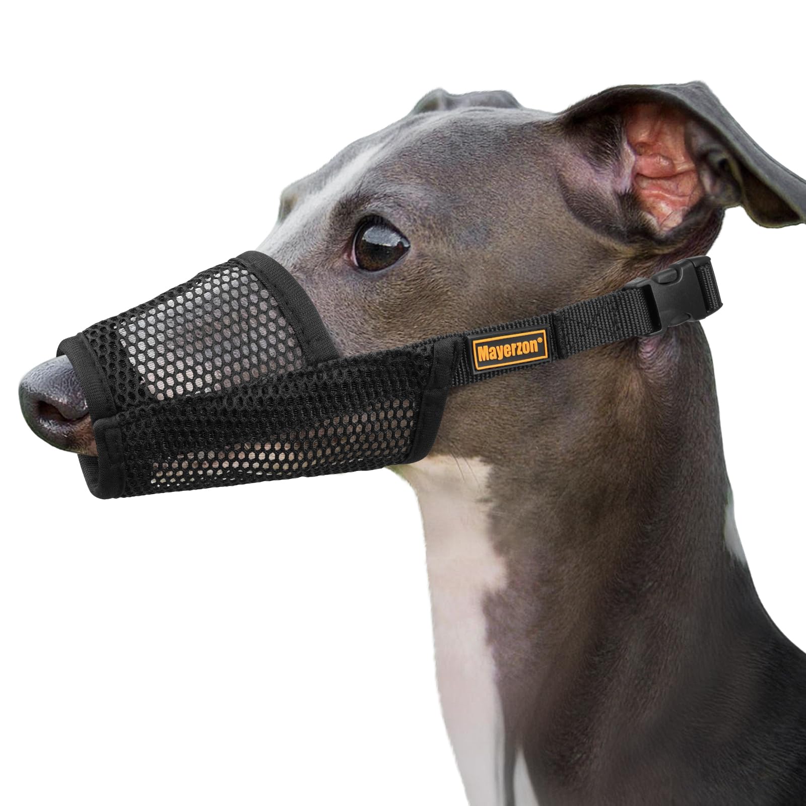 Mayerzon Greyhound Whippet Dog Muzzle, Soft Mesh Muzzle for Long Nose Dogs to Prevent Excessive Biting Chewing Eating, Suitable for Grooming Walking Vet Visits, Allowing Drinking Breathing (Black, S)