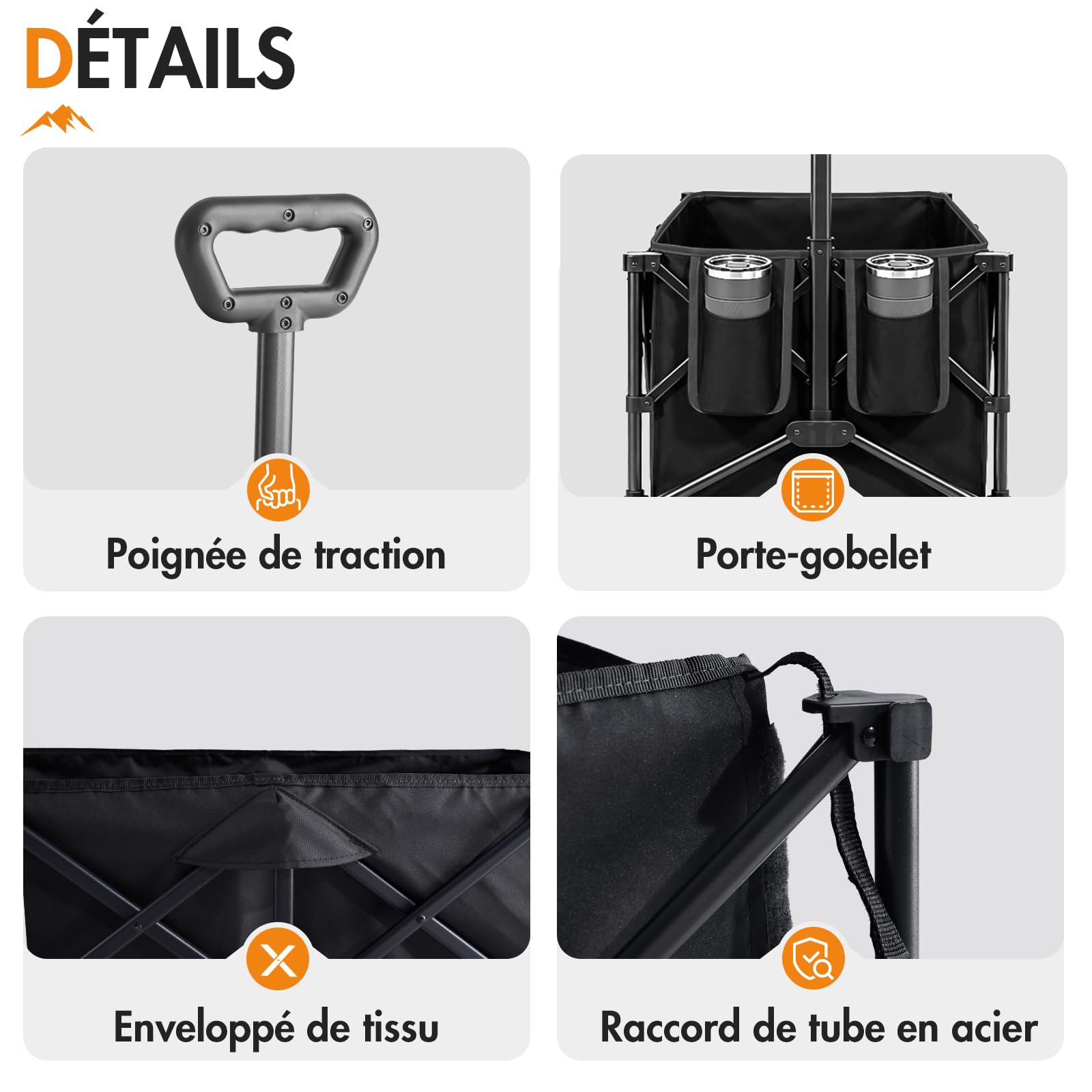 Portal Chariot de Transport Pliable XXL 300L Capacité 150kg Roues Tout Terrain 360° Frein Double Poignée Réglable Idéal pour Jardin Plage Camping et Courses Nior