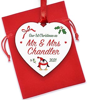 PERSONALISED Our 1st First Christmas As Mr and Mrs Decoration - PERSONALISED First Christmas Married Ornament - Christmas Gifts for New Husband Wife - Wooden Hanging Heart Mr and Mrs Gifts