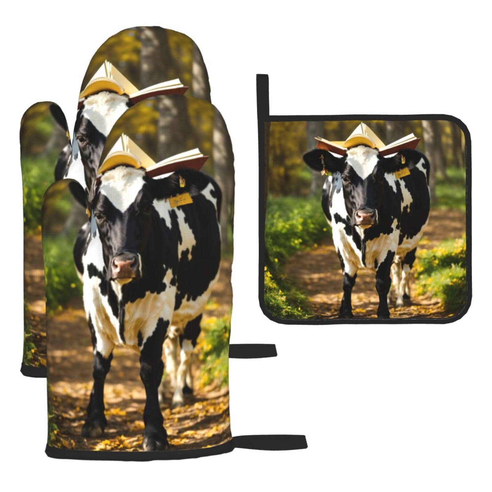 Cute Cow Print Oven Kitchen Gloves For Baking Outdoor Grilling Home Use Mitts Microwaving Bbq