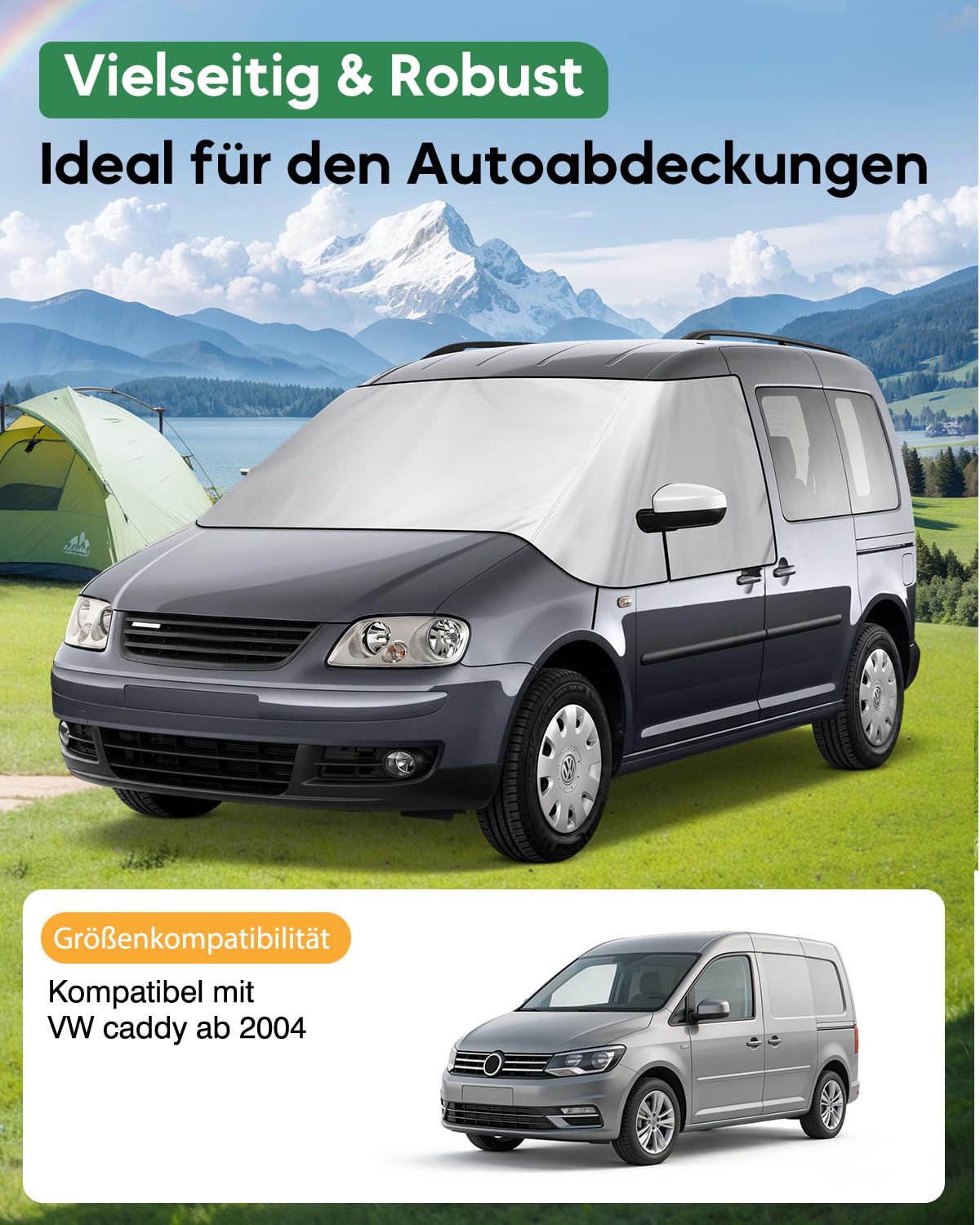 Cubierta del Parabrisas para Autocaravana Volkswagen Caddy AB 2004, Funda Exterior de 600D Impermeable Protector Solar Térmico con Forro Suave y Ganchos de Sujeción