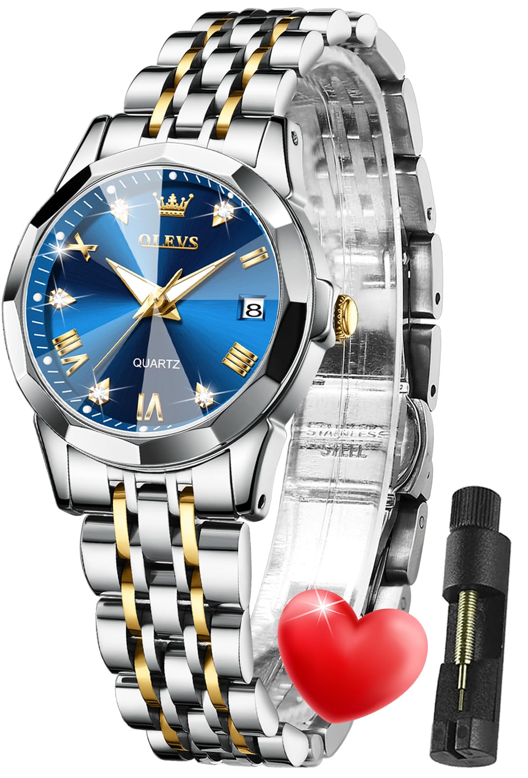 OLEVS Damen Uhr Quarzuhr mit Diamant Edelstahlarmband Wasserdicht Datumsanzeige Elegante Damenuhr für Frauen Geschenke zum Muttertag