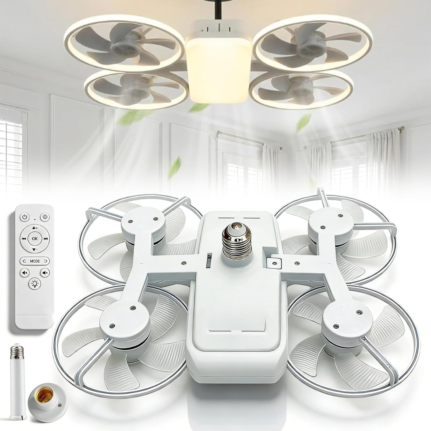 VIMAZ Drone-Style LED Ceiling Fan Light, 3 Color Modes & 3 Speeds, E27 Socket with Remote, Foldable Blades, Quiet Small Fan Light for Bedroom Kitchen (White)