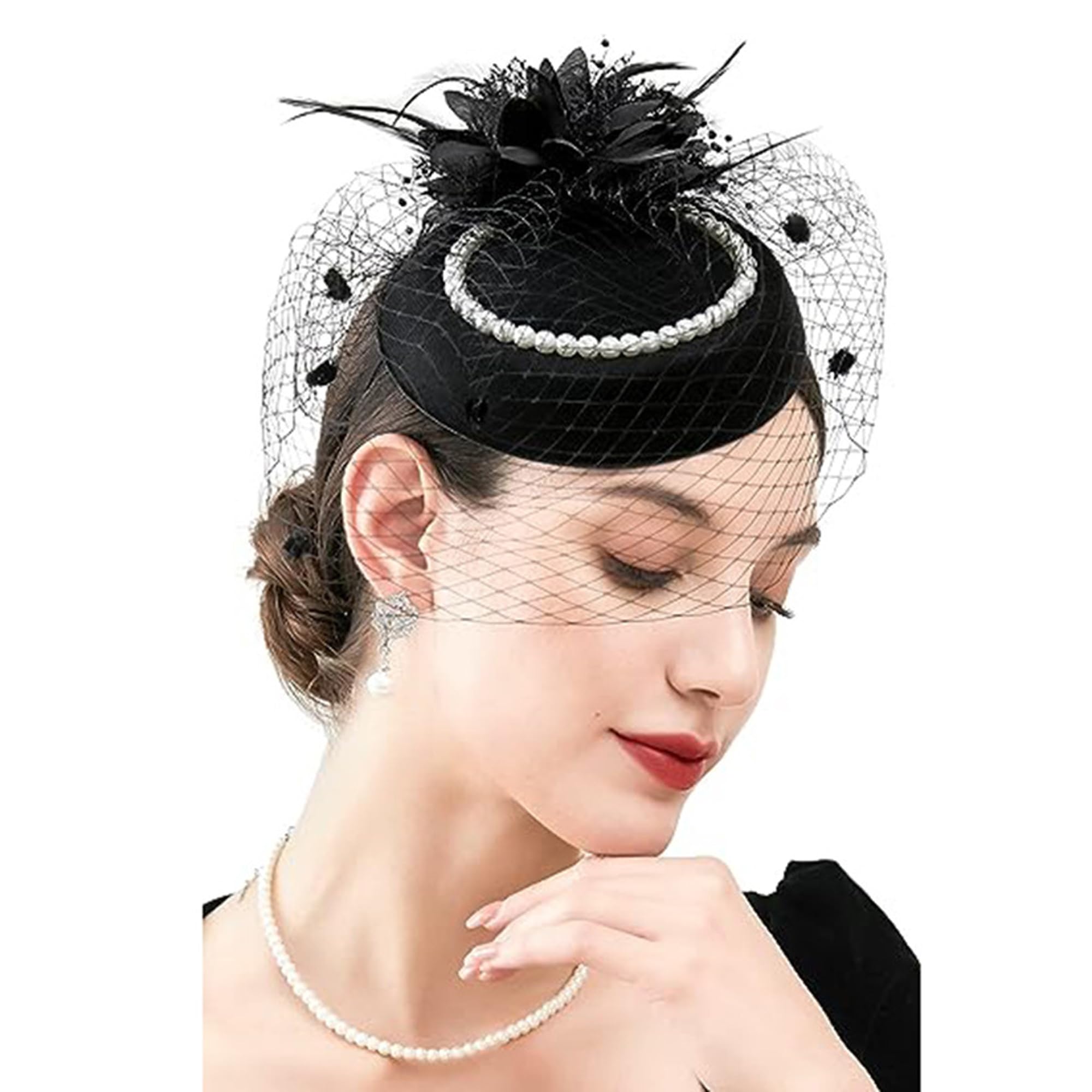 Women's Fascinators Hats 20s 50s Pillbox Hat Tea Party Hats with Pearl Feather Mesh Veil Derby Hat for Wedding Cup Headpiece