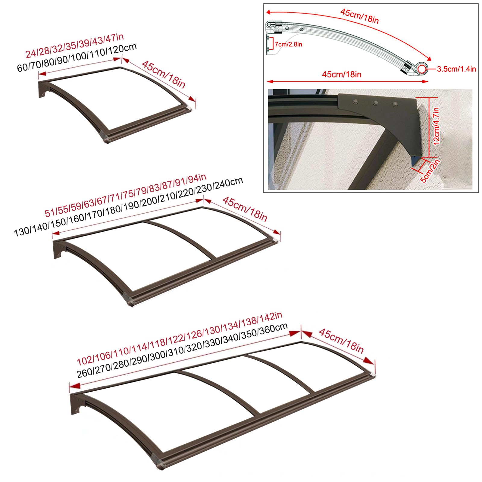 Tettoia Pensilina da Esterno,Pensilina Tettoia per Porta,Pensilina Ingresso per Trasparente,Pensilina per Copertura in PC,per Porta o Finestra Impermeabile e Anti-UV (45x180cm/18"x71")
