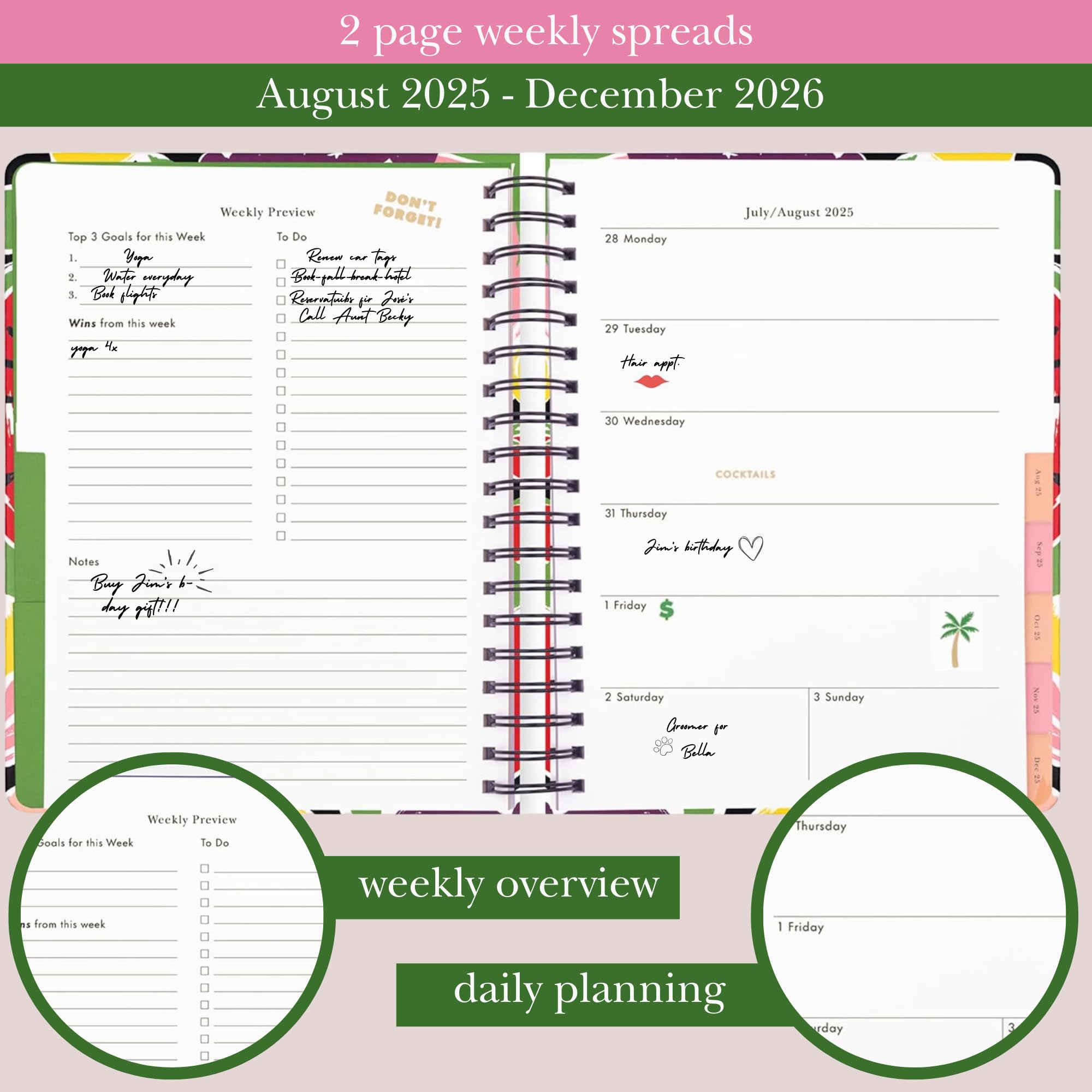 kate spade new york Agenda giornaliera 2025-2026 Mega Agenda agosto 2025-dicembre 2026, copertina rigida, settimanale e mensile, a spirale, con adesivi (frutta estiva)