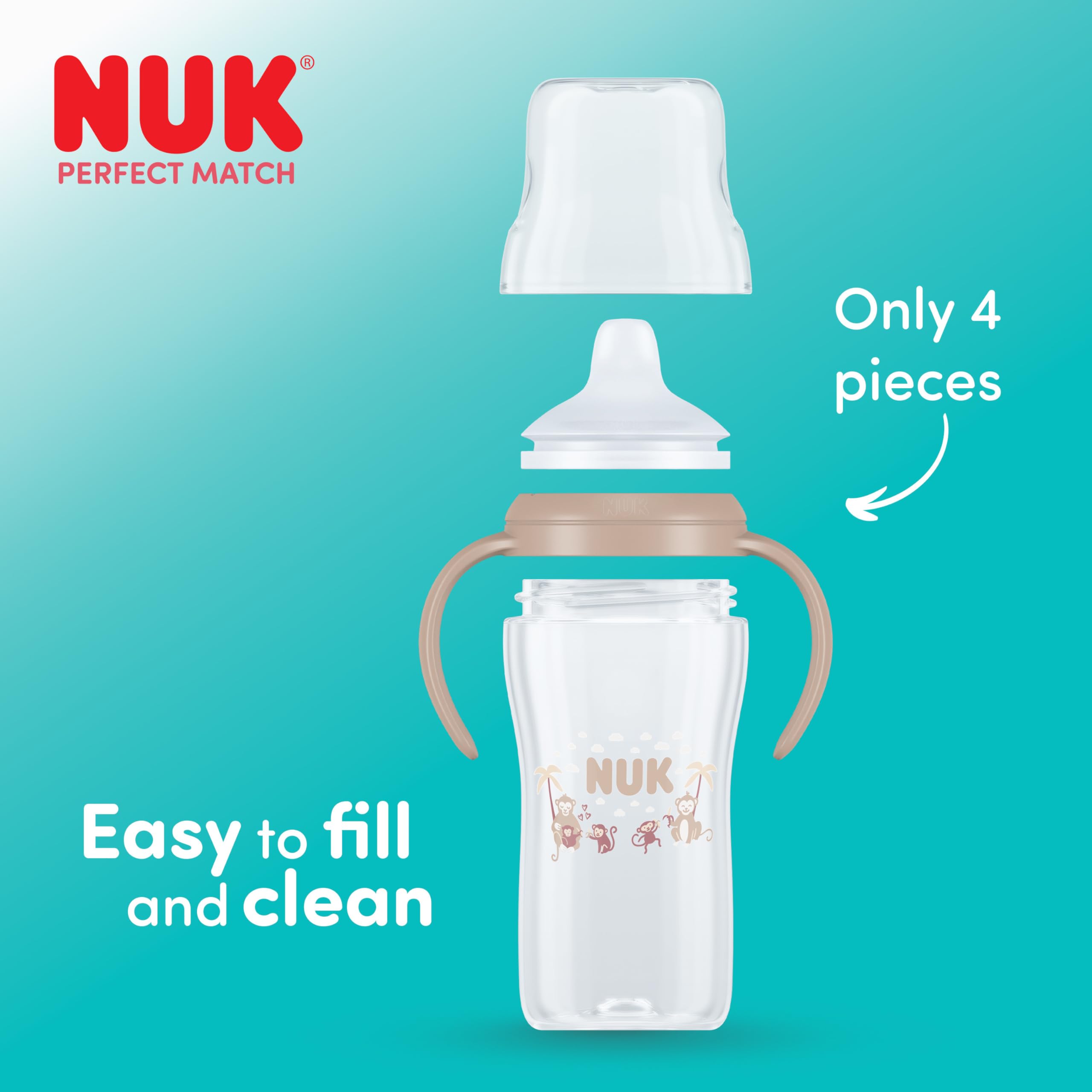 NUK Perfect Match Learner Butelki ze słomką | 6+ miesięcy | 260 ml | Nieprzeciekająca kubek ze słomką dla niemowląt | Antypoślizgowe uchwyty | Małpka i Pingwin | 2 sztuki