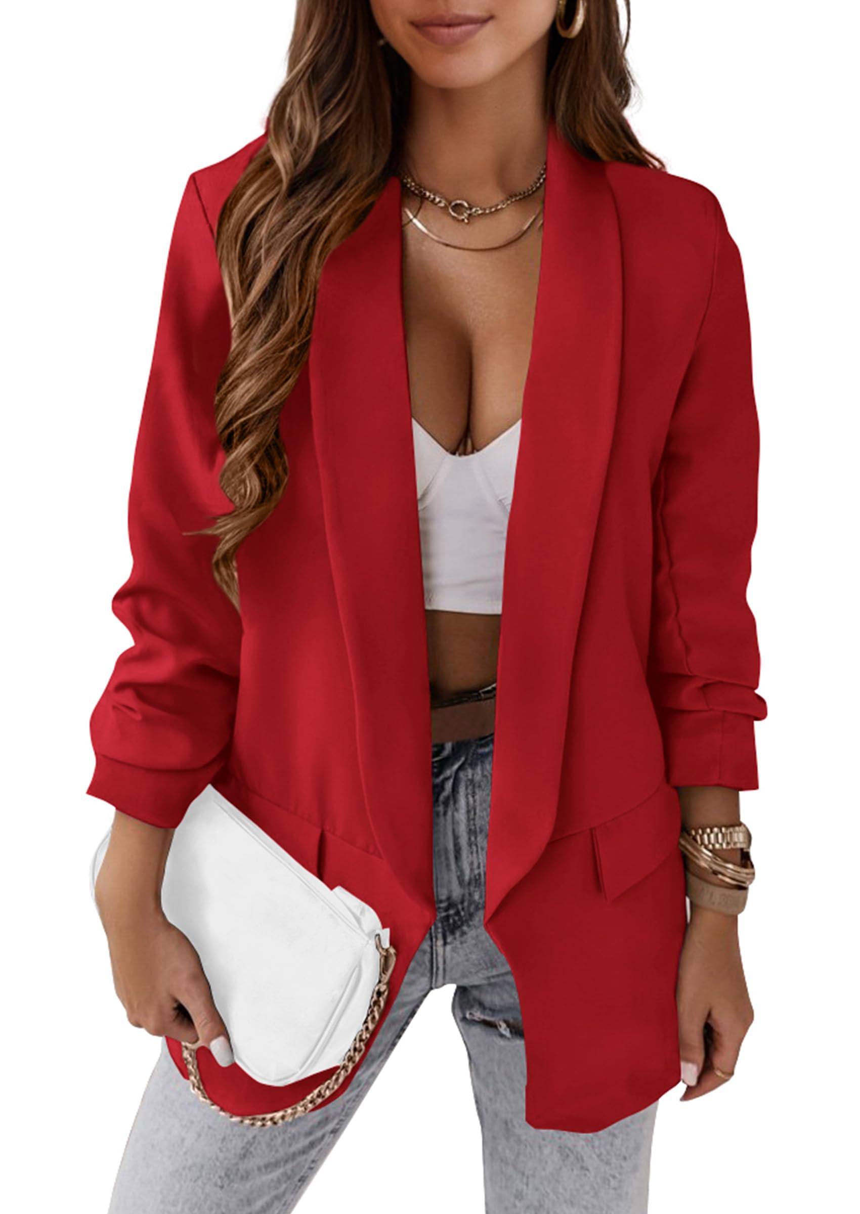 Womens Casual Blazer Spring Fall Fashion Long Sleeve Open Front Work Office Suit Jackets, Red, X-Large-image-44