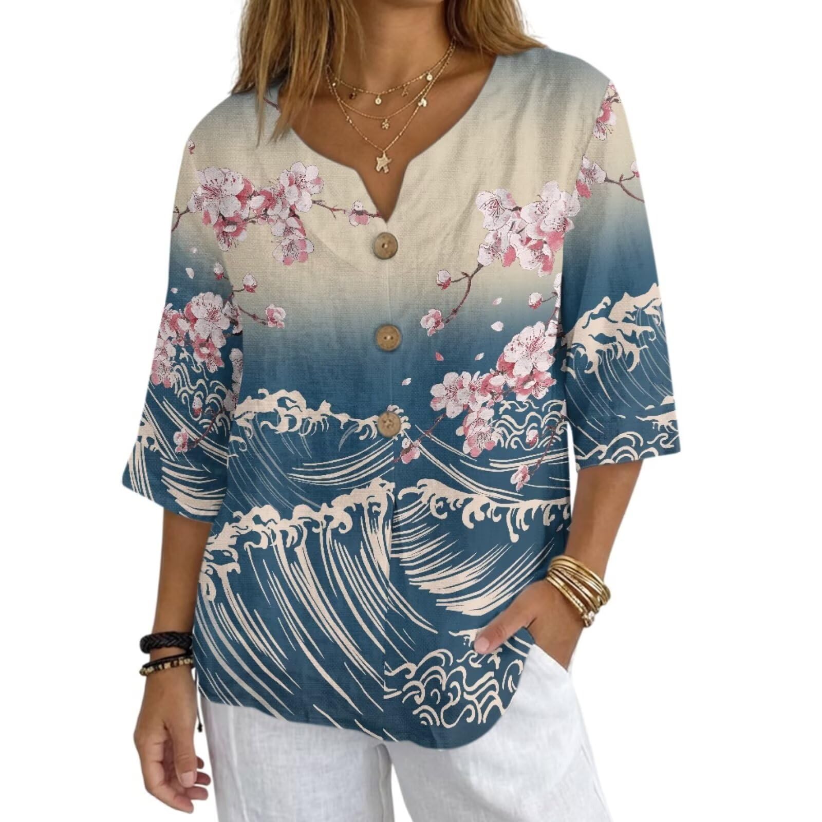 Women's V-Neck Tunic Top, Casual Polyester Linen Blouse with Decorative Buttons, Loose Fit Easy Care Everyday Wear