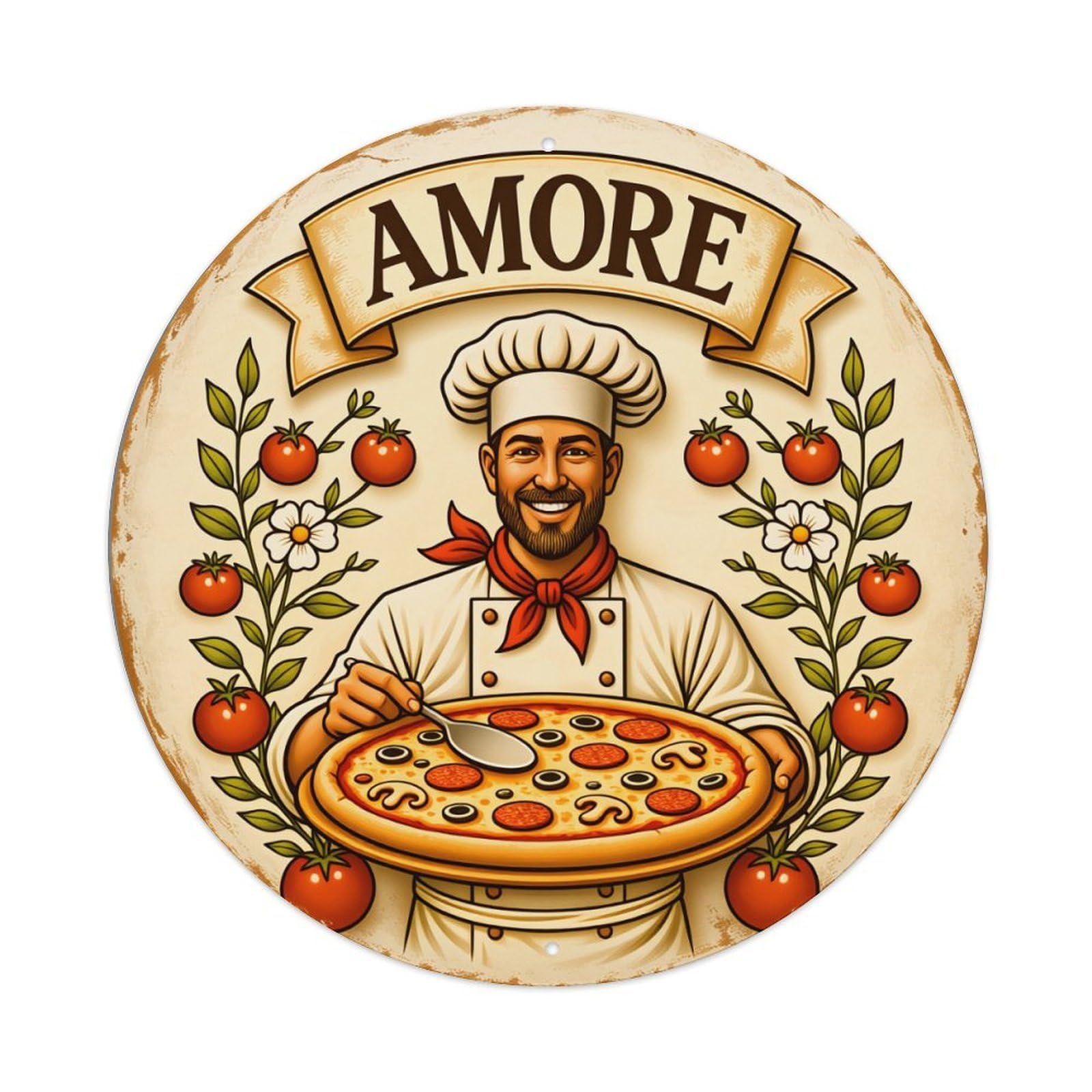 Chef Holding Pizza With Tomatoes Metal Tin Sign Vintage Garden Bedroom Cafe Bar Man Cave Home Wall Decor Metal Poster 8x8 inches