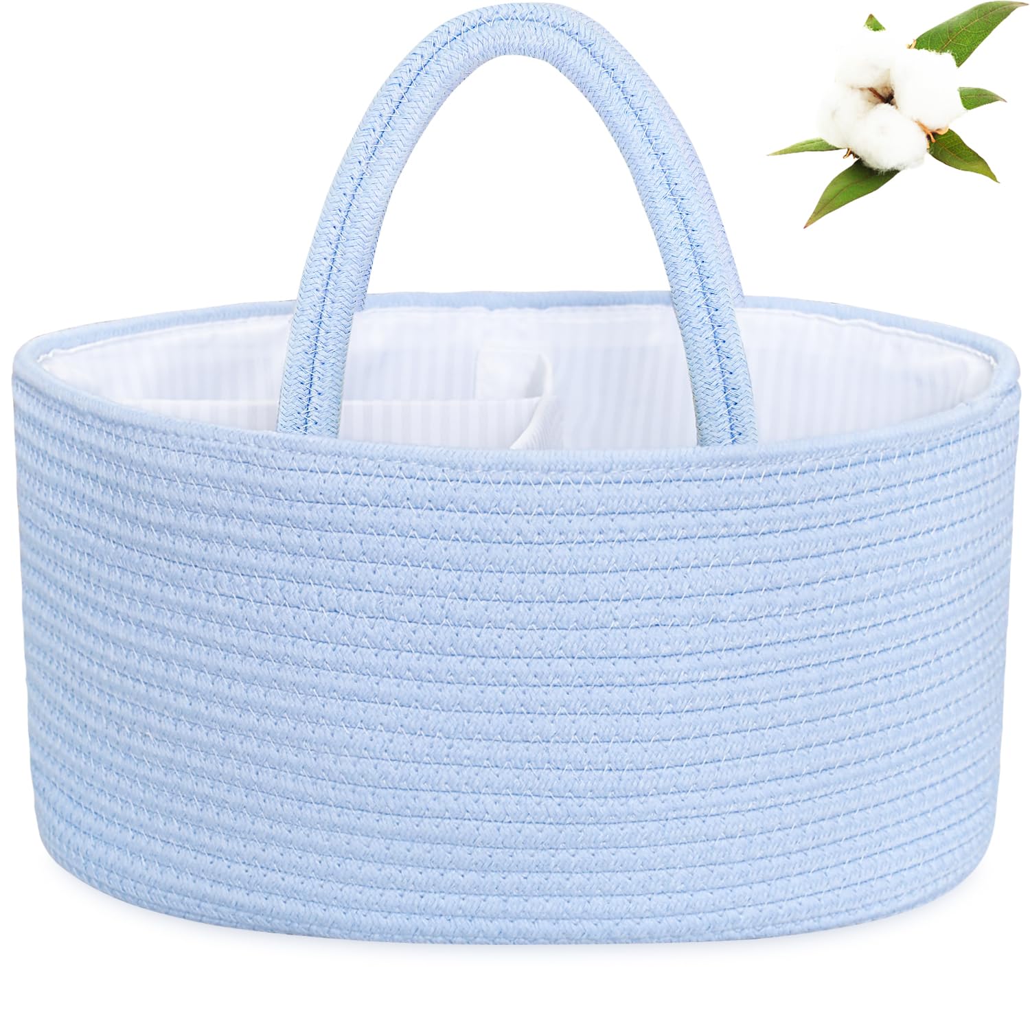 ABenkle Baby Diaper Caddy, Nursery Storage Bin and Car Organizer for Diapers and Baby Wipes, Cotton Rope Diaper Basket Caddy, Changing Table Diaper Storage Caddy Baby Gift Baskets, Blue-image-45