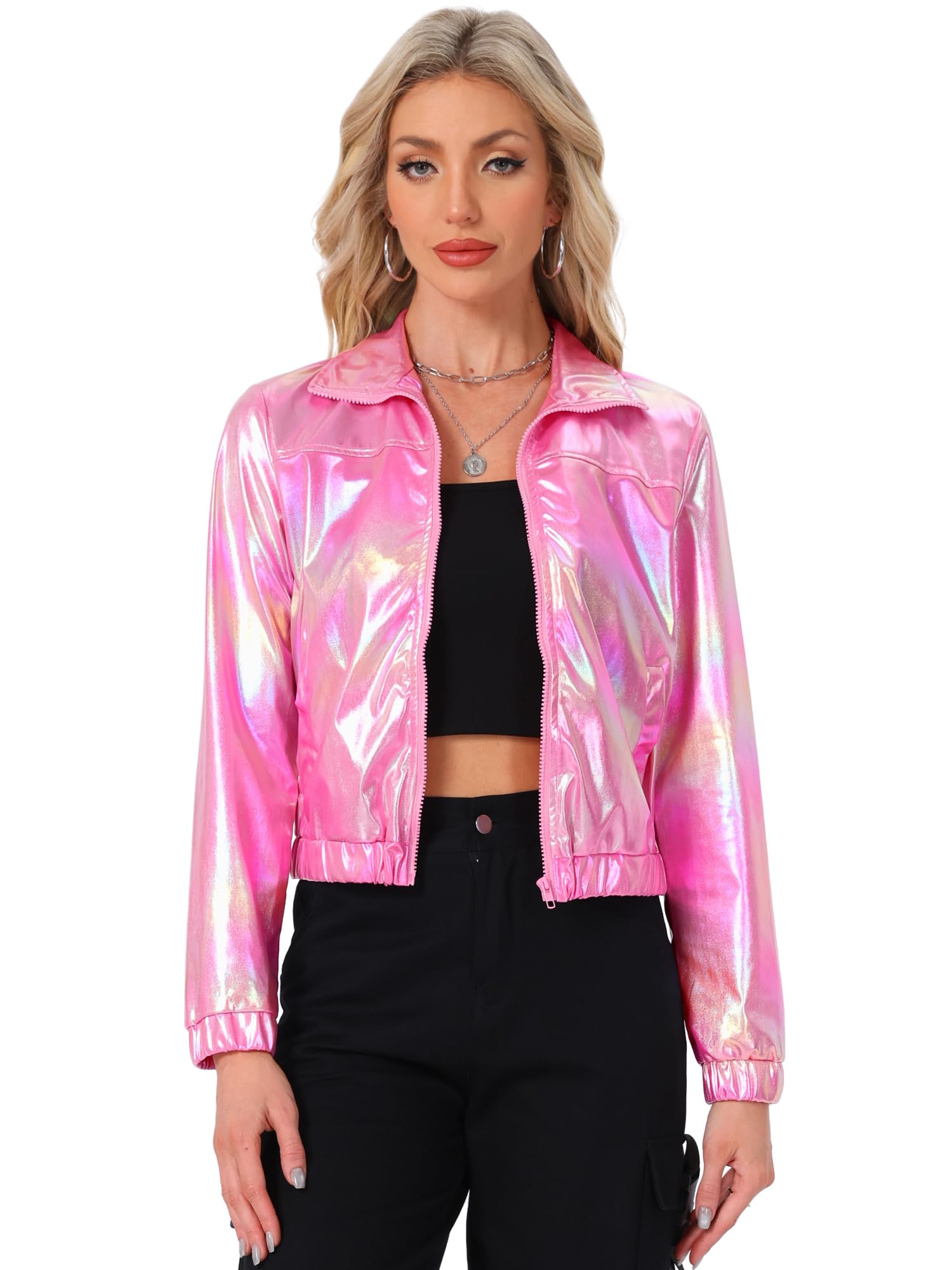 Allegra K Women's Metallic Jacket Holographic Shiny Long Sleeve