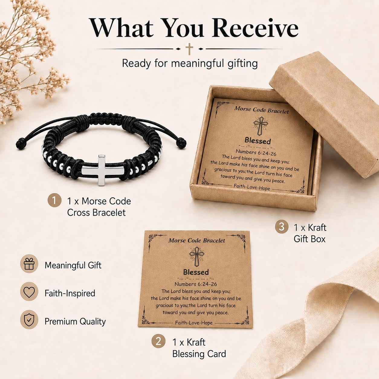 Morse Code Cross Leather Bracelet for Teen & Men, Inspirational Religious Faith Wristband with Bible Verse Card, Blessed Brave Grace Love You Inspirational Jewelry Gift for Son Baptism Confirmation Birthday
