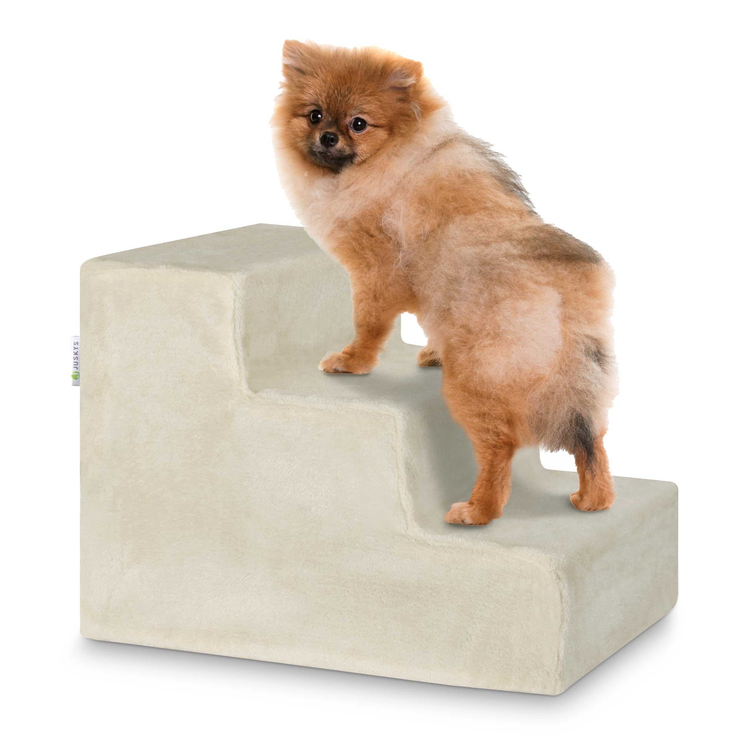 Juskys Hundetreppe 36 cm – Treppe mit 3 Stufen & waschbarem Plüschbezug, Katzentreppe & Hunderampe für Sofa, Bett, Couch & Auto – Haustiertreppe beige
