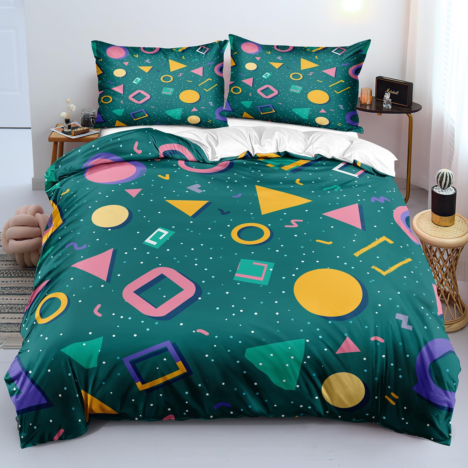 Parure de lit 140x200 housse de couette verte à pois blancs pour chambre enfant fille garçon