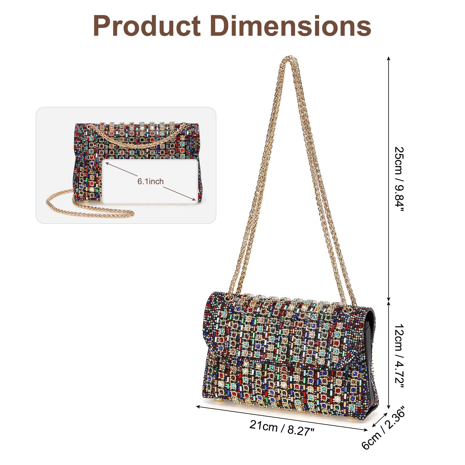 DTGN Pochette da sera da donna, formale, borsa a tracolla con catena a tracolla con strass di cristallo, scintillante ed elegante, per matrimoni, sposa, ospiti, feste, colorate, Colorato, L (US 12)