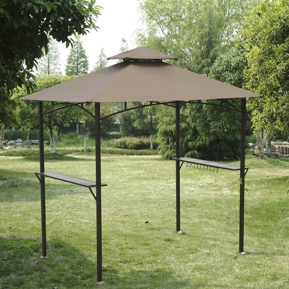 Ontheway 5FT x 8FT Double Tiered Replacement Canopy Grill BBQ Gazebo Roof Top Gazebo Replacement Canopy Roof (Checked Khaki)