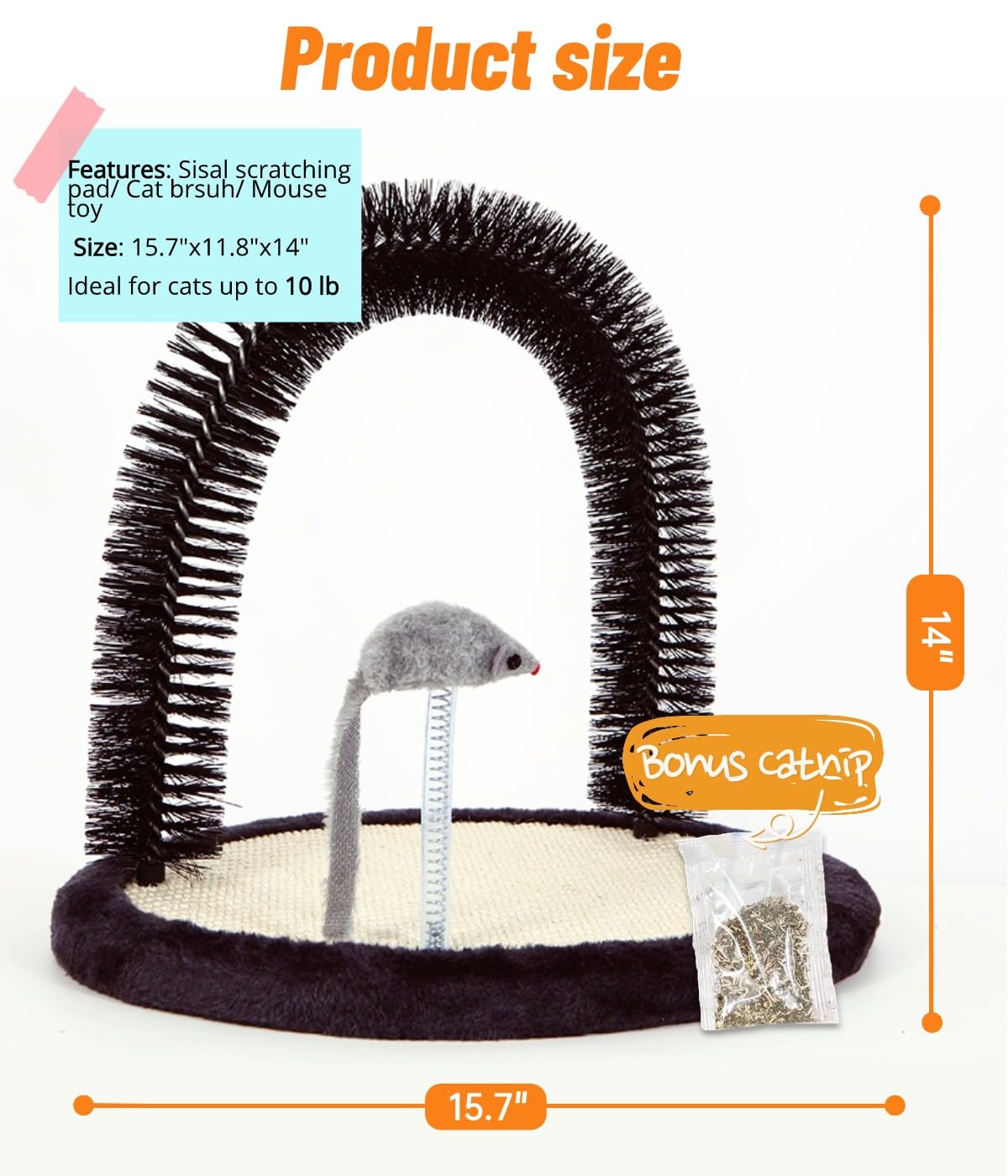 Happi N Pets The Original Cat Arch Self Groomer - Masajeador de Pelo de Gato para Aseo con Almohadilla rascadora de sisal para Gatos y Juguete de Hierba gatera, rascadores de Cara de Gato, Cepillo